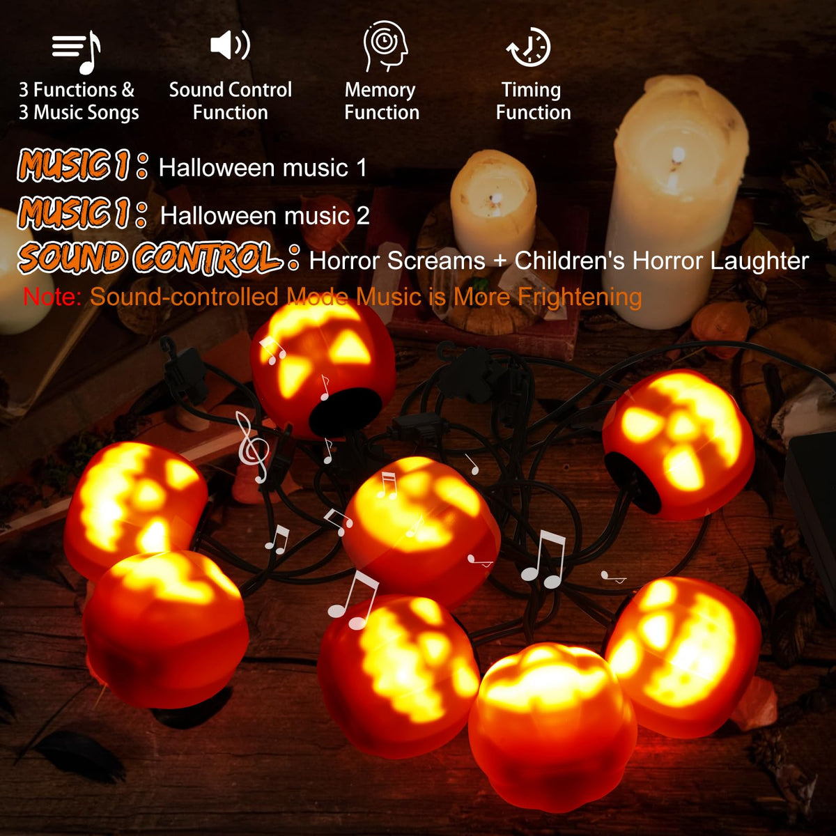 Guirlande lumineuse d'Halloween GARVEE, citrouilles animatroniques, connexion USB-C, 4,5 mètres, orange, idéale pour les fêtes et célébrations familiales en extérieur.