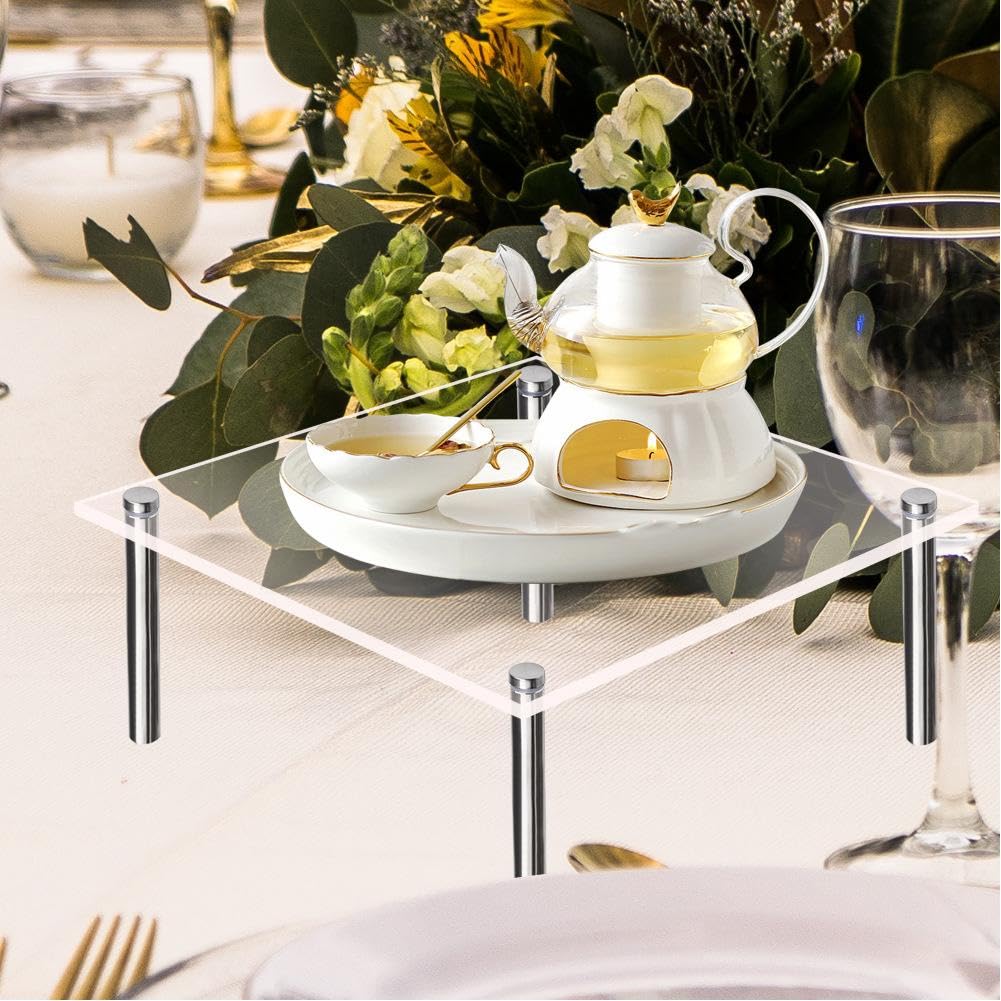Garvee Taartstandaard Acryl 30 cm avec pieds en métal, carré transparent pour mariage, anniversaire, baby shower