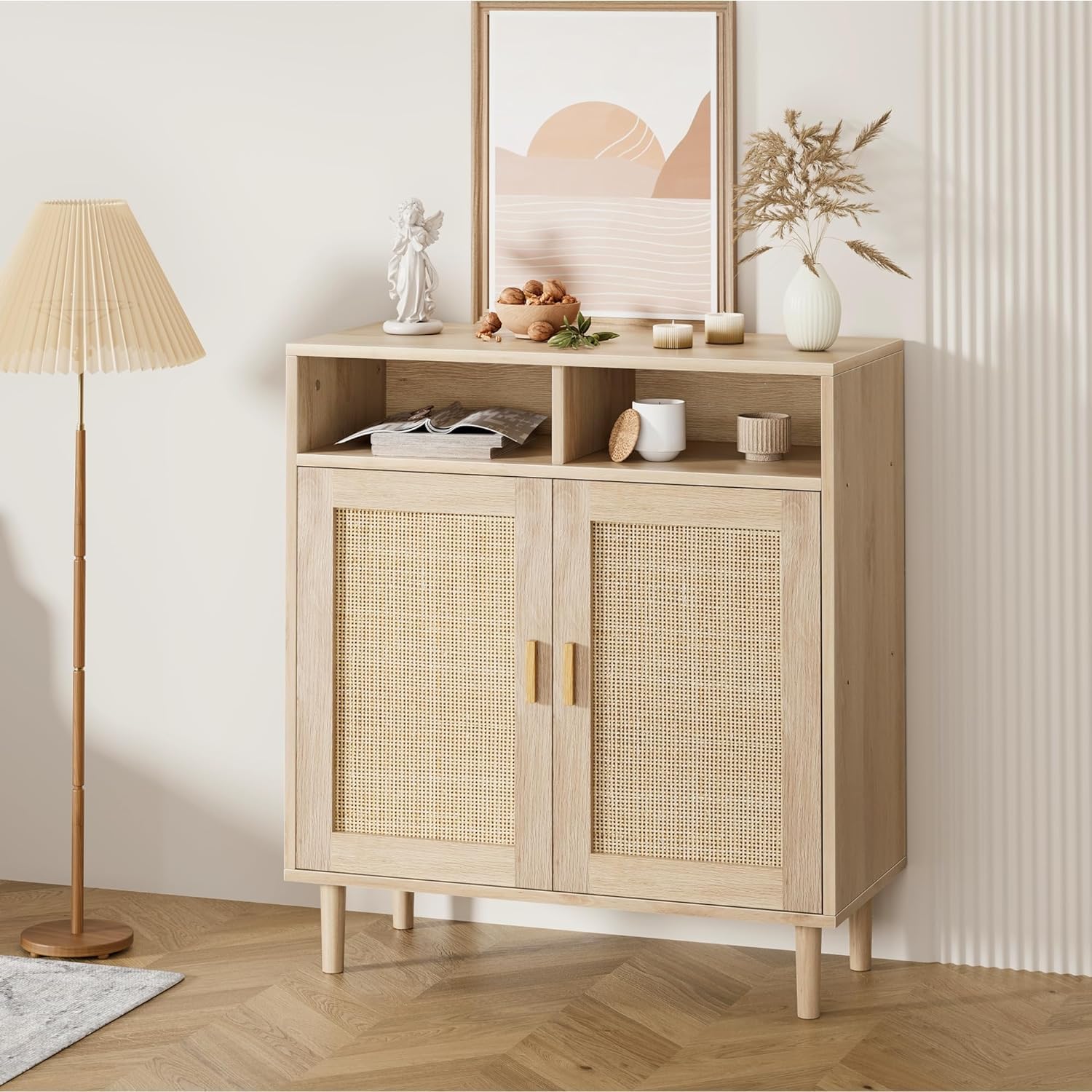 Buffet moderne en rotin Garvee 91 cm (36 po) - Tressé à la main, anti-basculement, étagère réglable, meuble de cuisine et de salle à manger, multifonctionnel, couleurs naturelles