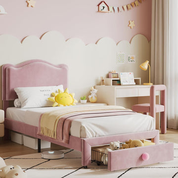 Cadre de lit Garvee pour lit simple capitonné avec rangement et tête de lit coquillage pour chambre d'enfant, rose, tiroir de 65 x 43 cm, espace sous le lit de 16 cm