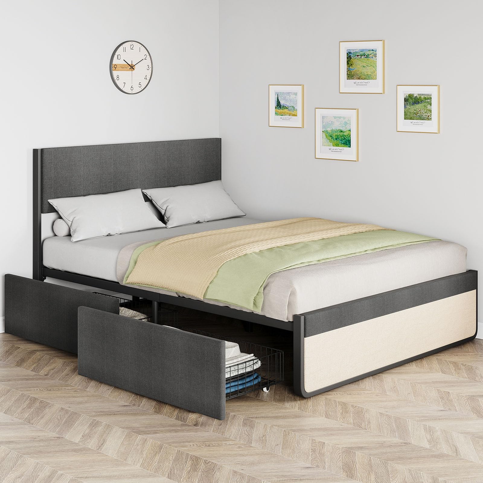 Cadre de lit Garvee Queen Size avec tête de lit, 2 tiroirs, sommier à lattes métalliques, silencieux, tissu en lin gris, chambre à coucher