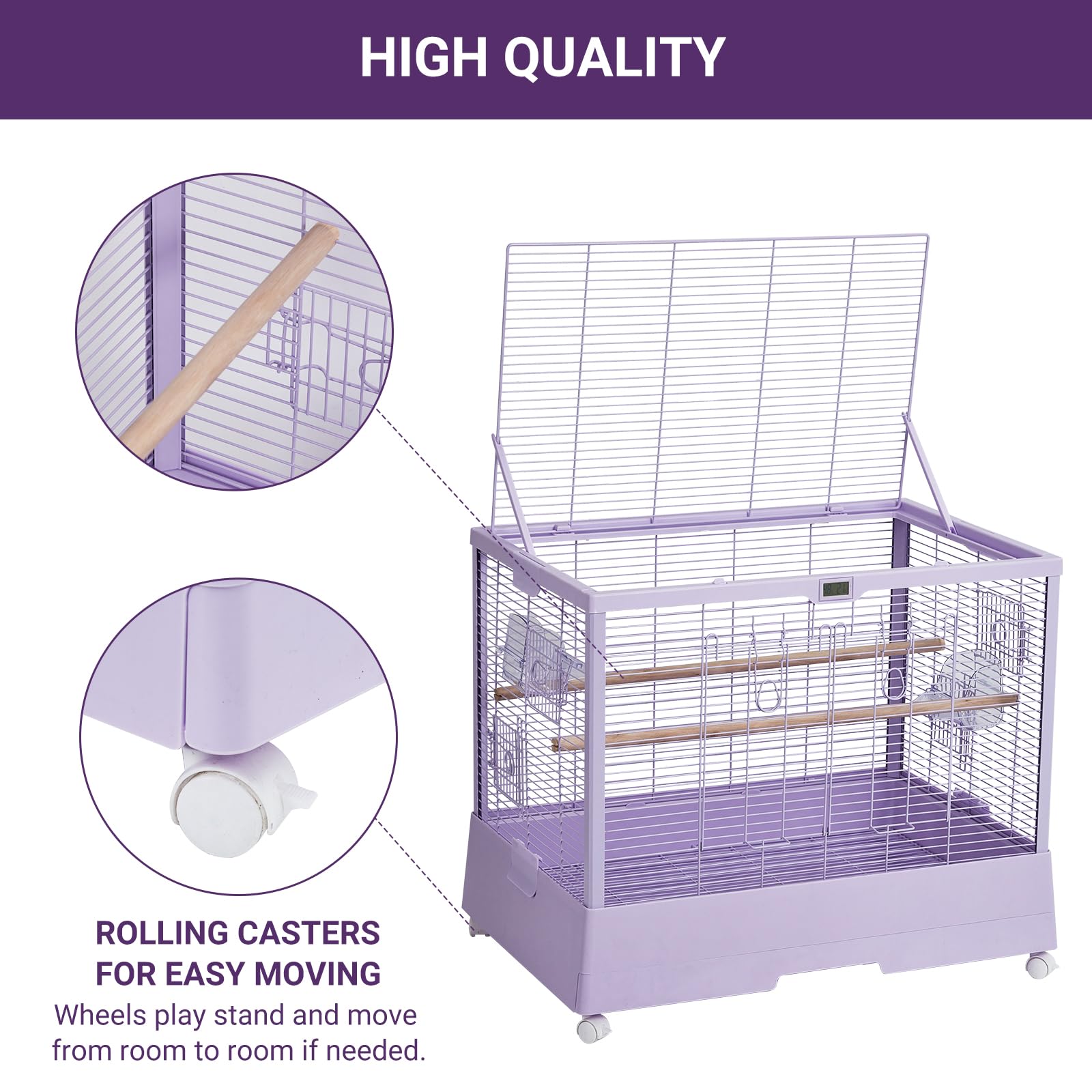 Cage à oiseaux Garvee 71 cm avec thermo-hygromètre, mobile et stable, robuste, 2 portes, 4 roues, pour perruches ondulées, 71 x 46 x 58 cm, noire