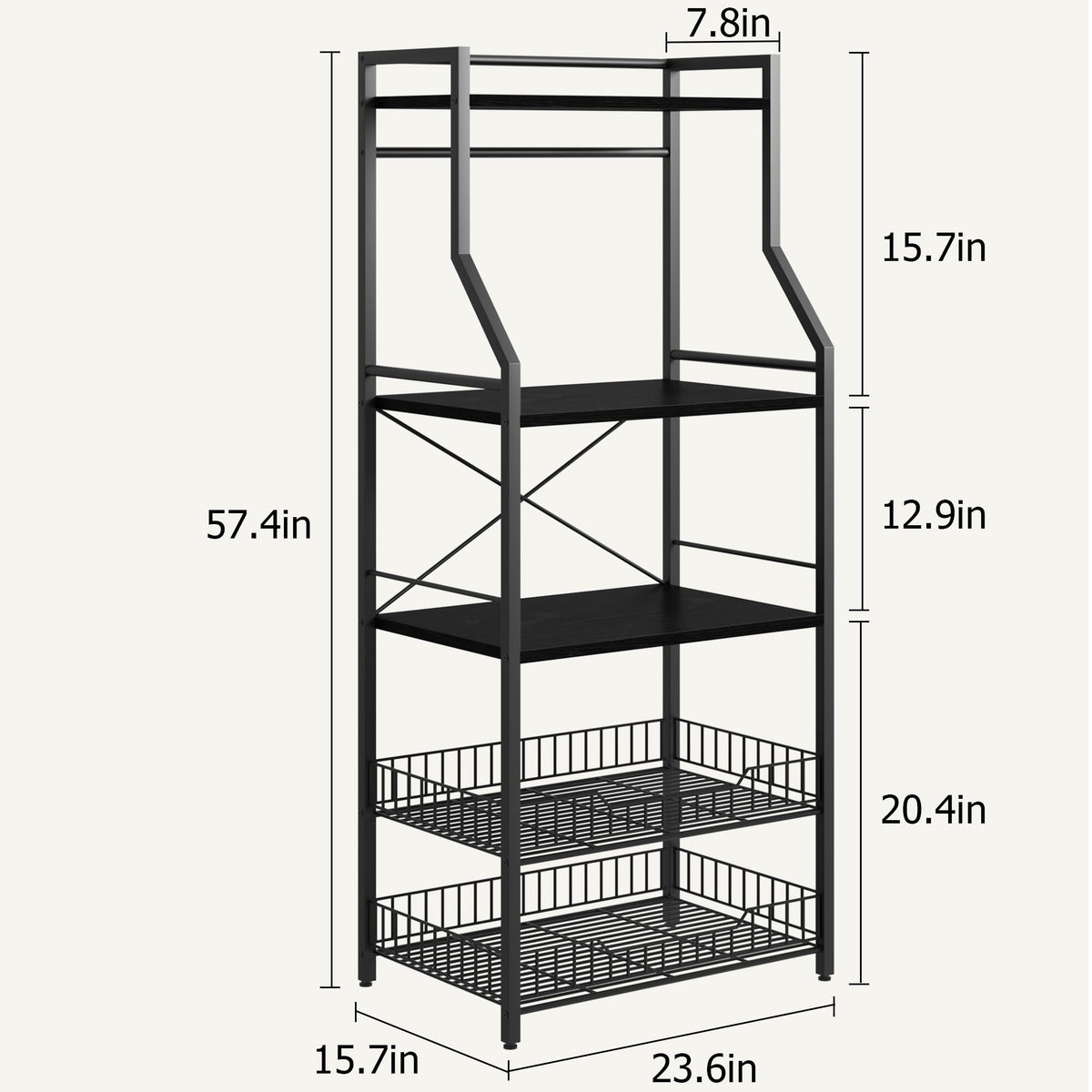 Étagère de cuisine Garvee Bakers Rack à 5 niveaux, 2 paniers métalliques, 8 crochets, en MDF et acier robustes, noir rustique, idéale pour la cuisine et le coin café.