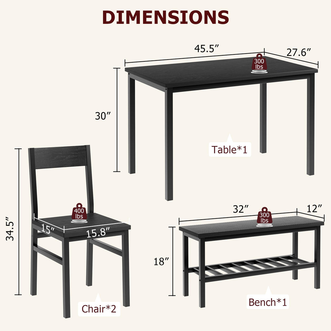 Garvee Ensemble repas 4 personnes avec table, 2 chaises et banc, MDF et acier noir, rangement intégré pour petits espaces