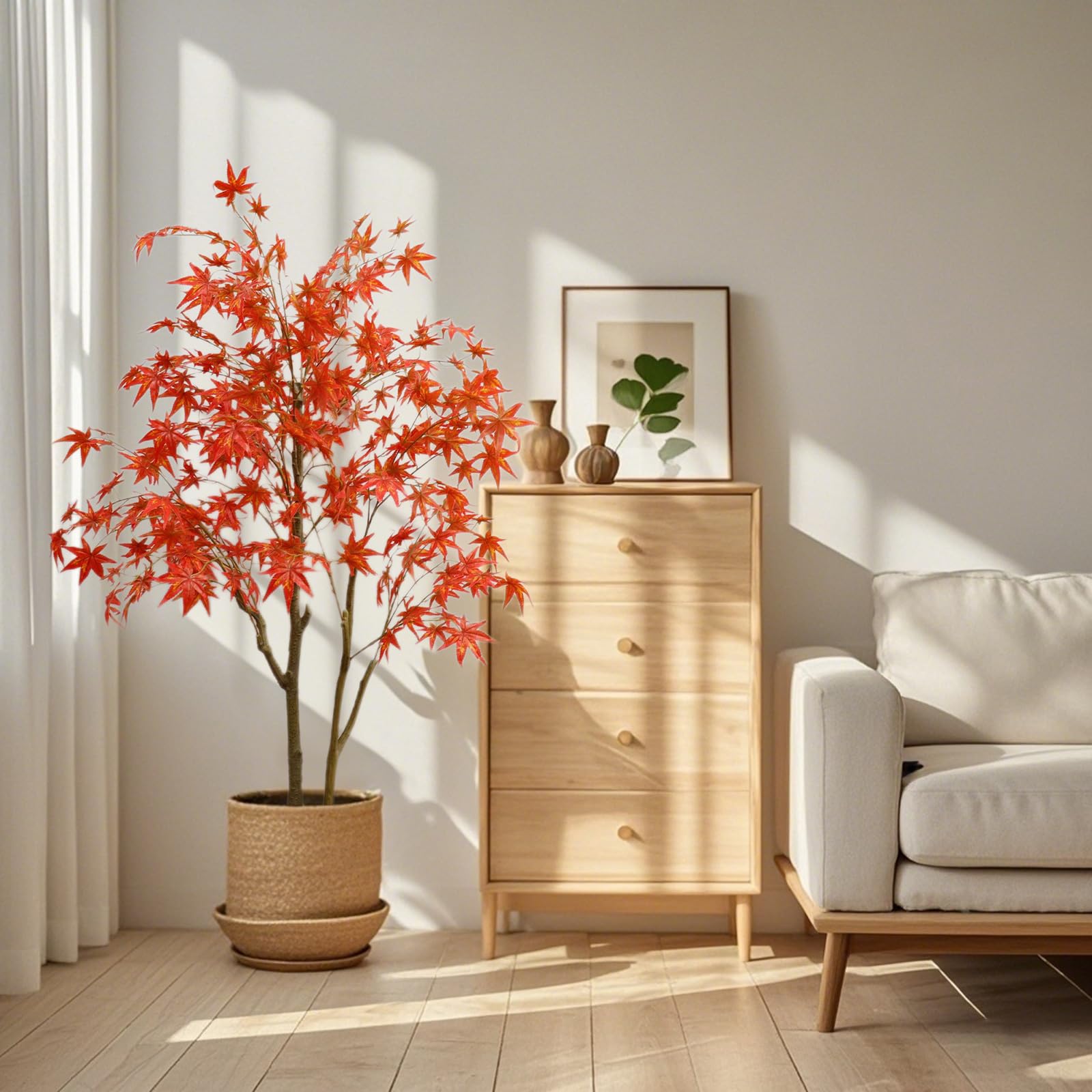 Garvee Érable artificiel 150 cm avec pot, feuilles en soie rouge effet automne, branches réalistes, décoration intérieur salon, bureau et porche, double tronc