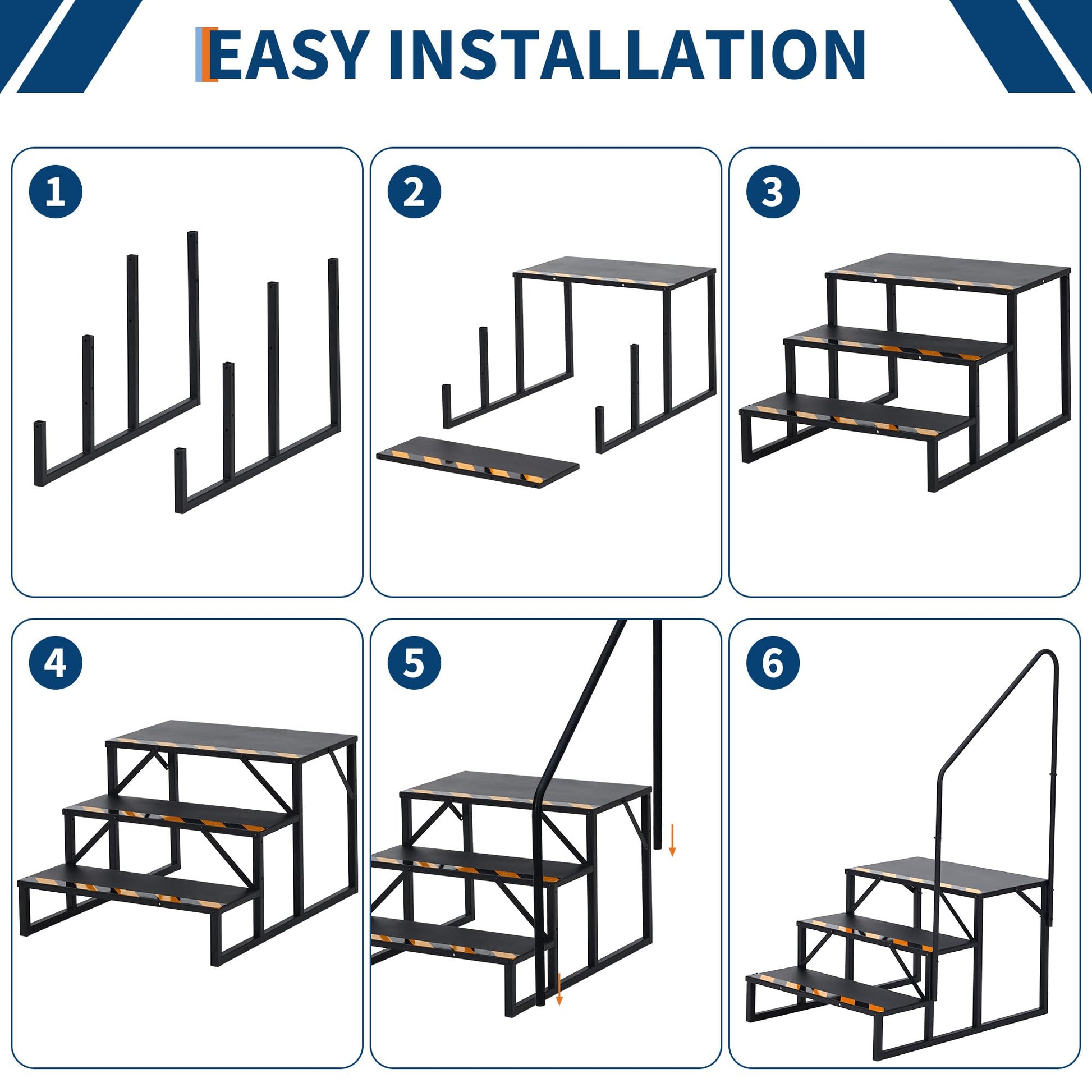 Escalier 3 marches Garvee RV avec rampe – Marches pliables en aluminium, antidérapantes, pour camping-car, piscine et spa, noir