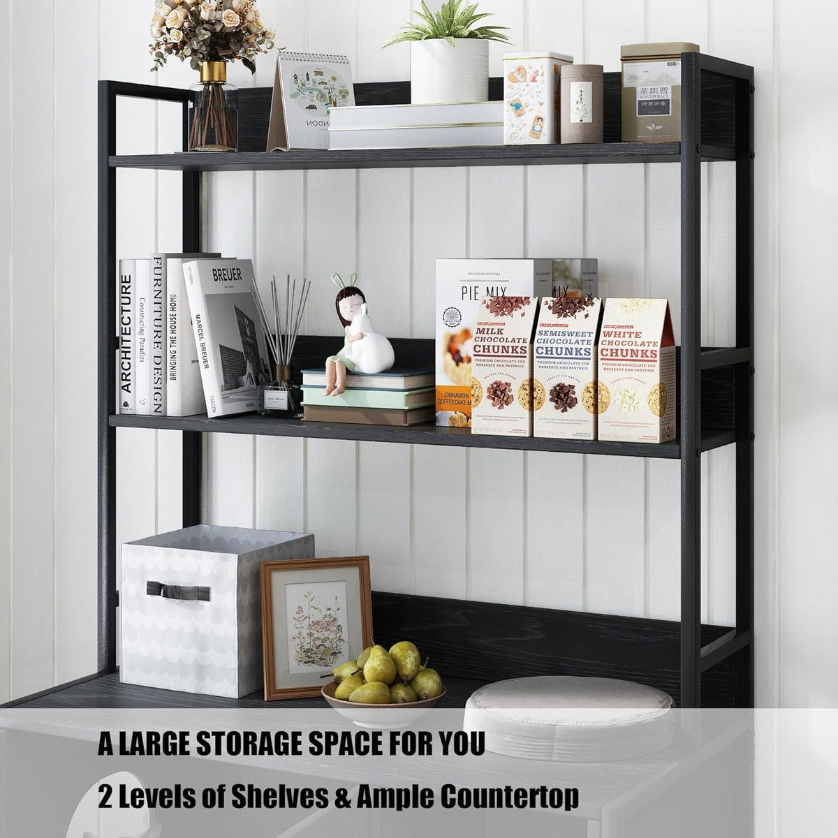 Garvee enclos pour bac à litière avec 2 portes, 2 étagères, griffoir pour usage intérieur, noir, MDF et acier, espace caché pour le chat, étagère intégrée