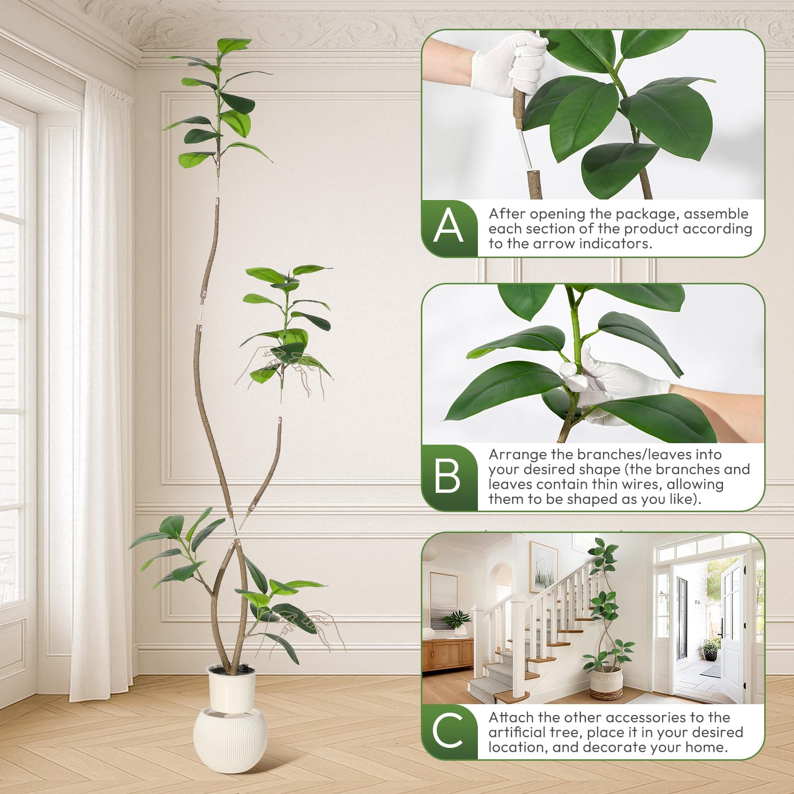 Garvee Ficus Lyrata artificiel 210 cm, pot beige avec pierres, plante réaliste sans entretien, résistant aux UV, maison et bureau
