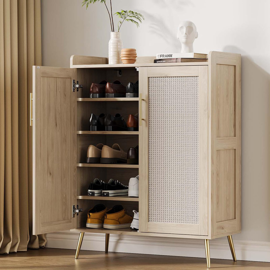 Meuble à chaussures Garvee en rotin, 5 niveaux avec portes, étagères réglables, pieds en métal, chêne, robuste, pour entrée et salon