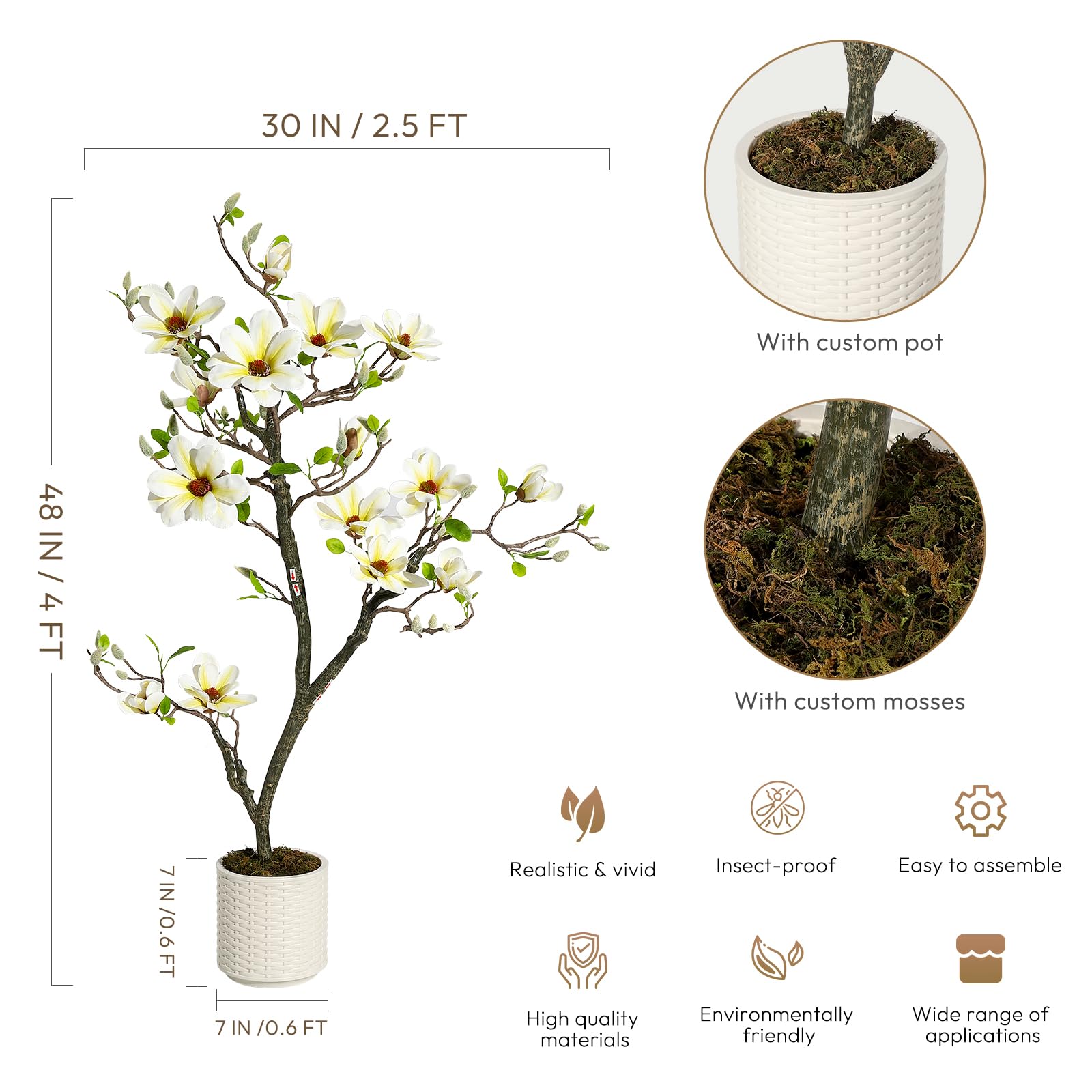 Magnolia artificiel Garvee blanc de 1,20 m avec branches ajustables pour une utilisation intérieure et extérieure, bureau et maison, matériau de haute qualité, base stable