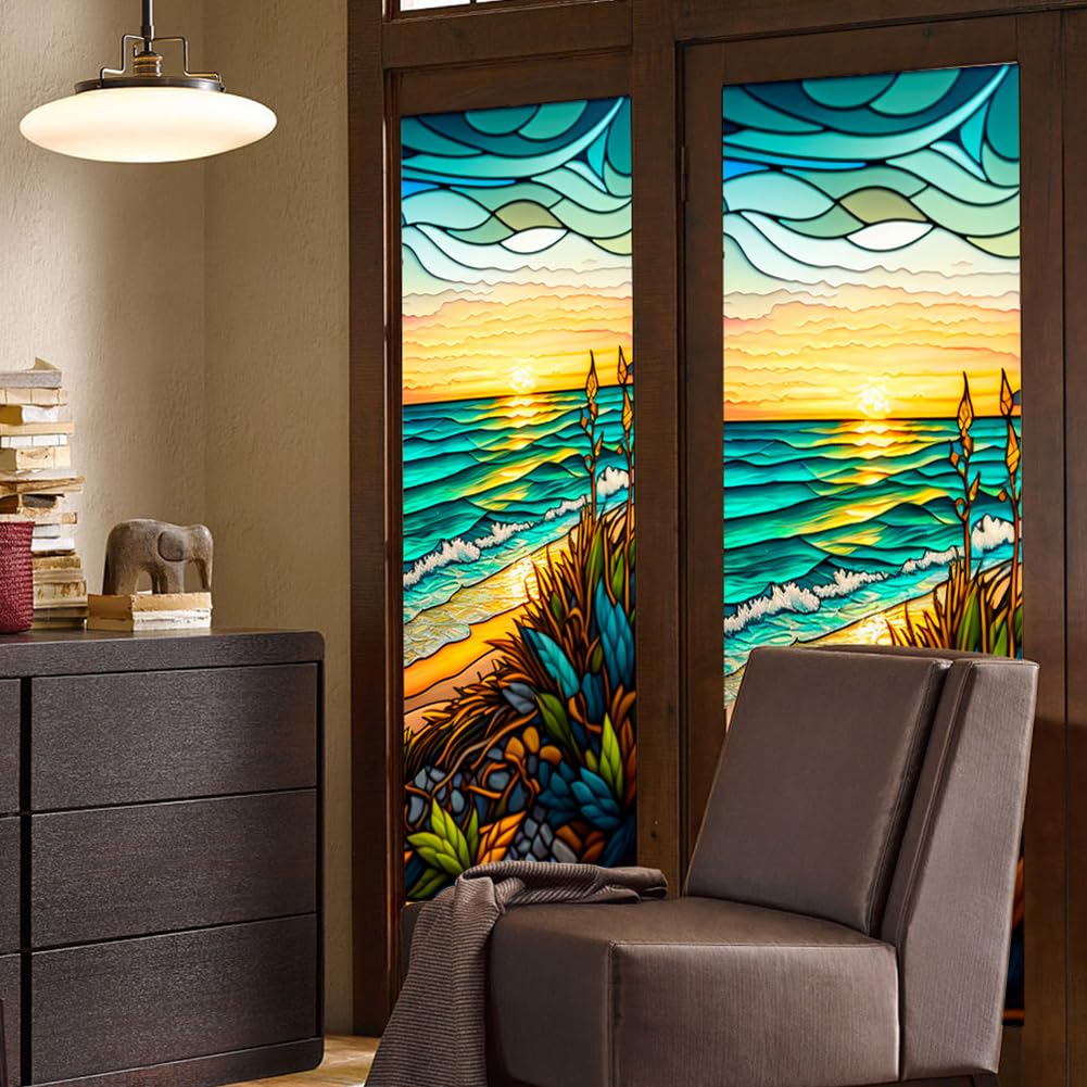 Film pour fenêtre PVC Garvee 60x100cm, motif coucher de soleil en bord de mer, protection UV, isolation thermique, coloré, pour fenêtres résidentielles et de bureaux