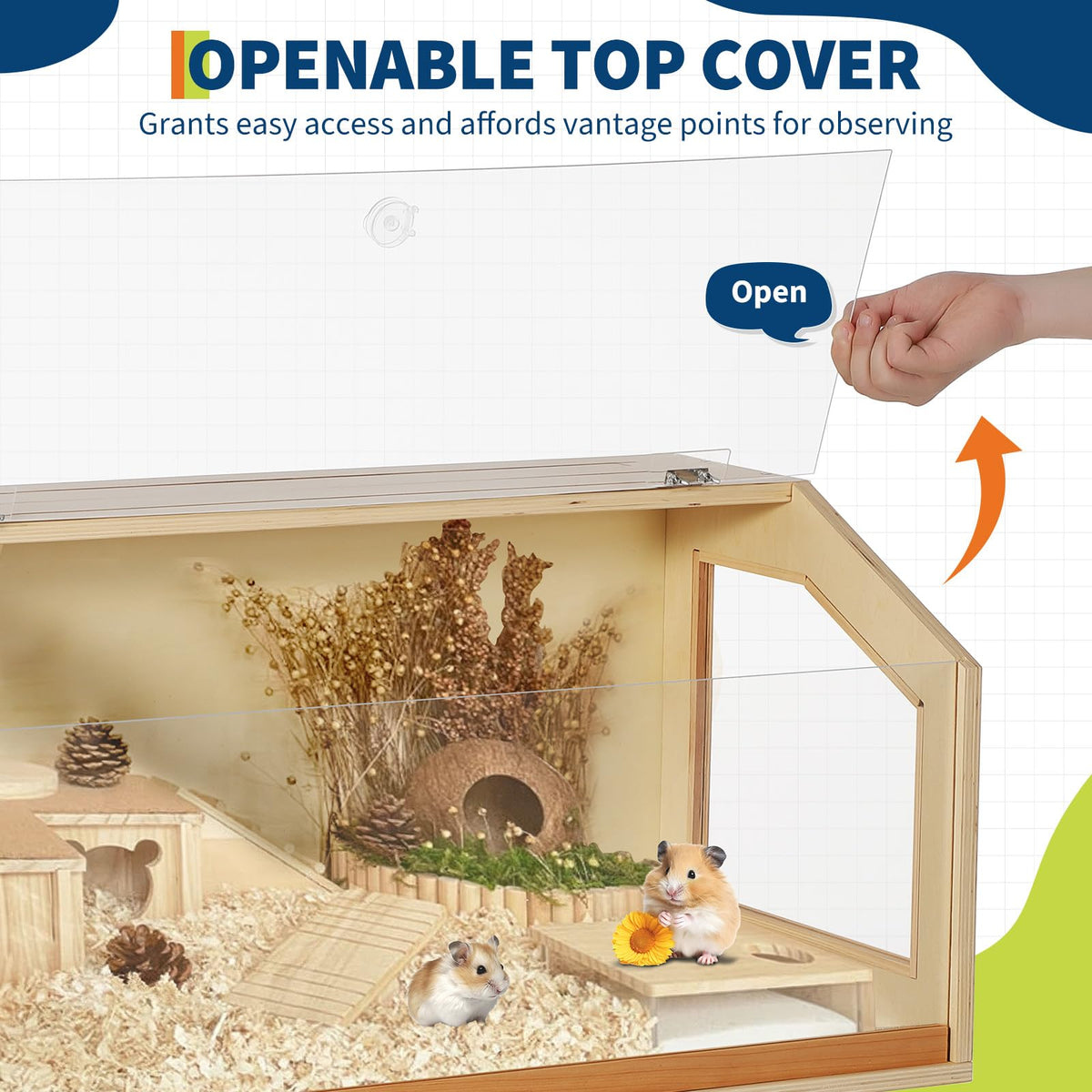 Garvee Cage pour hamsters avec pieds, grand enclos, fenêtre en acrylique anti-morsure, dessus ouvert, facile à nettoyer