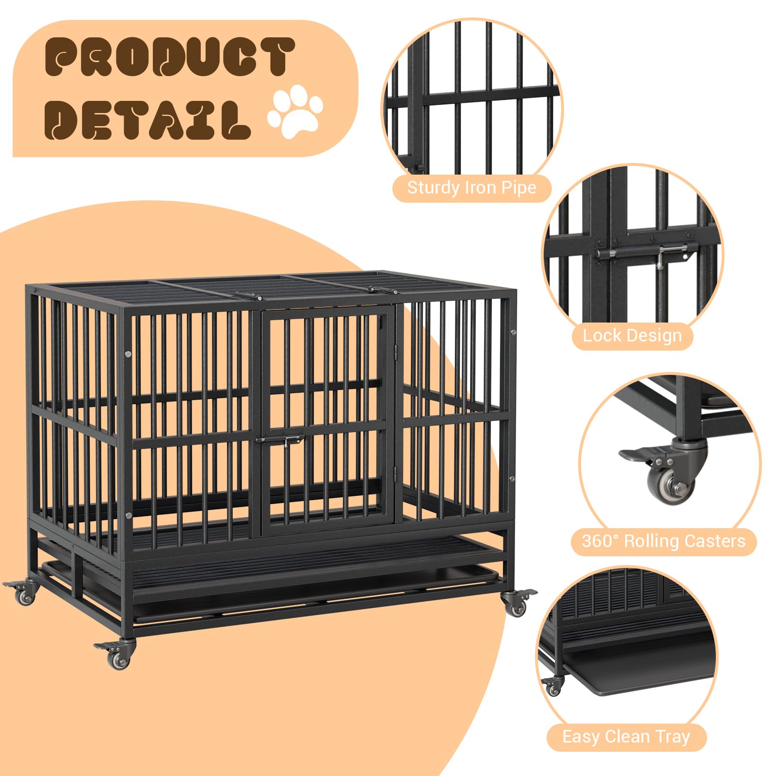 Cage de transport robuste Garvee pour chien, 94 cm (37 pouces), avec double porte, roulettes pivotantes à 360°, en métal, pliable, pour chiens de petite et grande taille, usage intérieur.