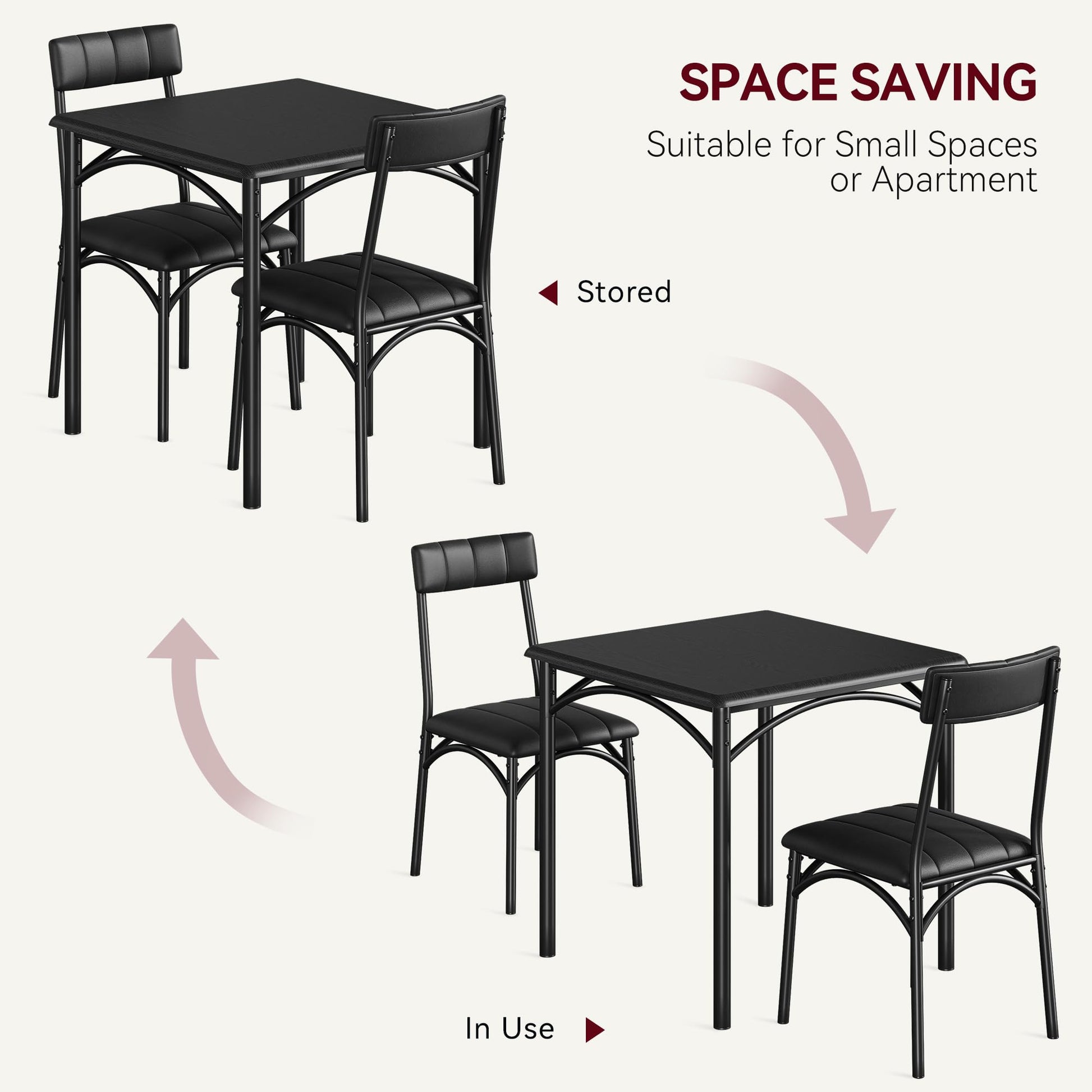 Ensemble de salle à manger Garvee pour 2 personnes avec chaises rembourrées, structure robuste en MDF et acier, noir rustique, gain de place, idéal pour les petites pièces