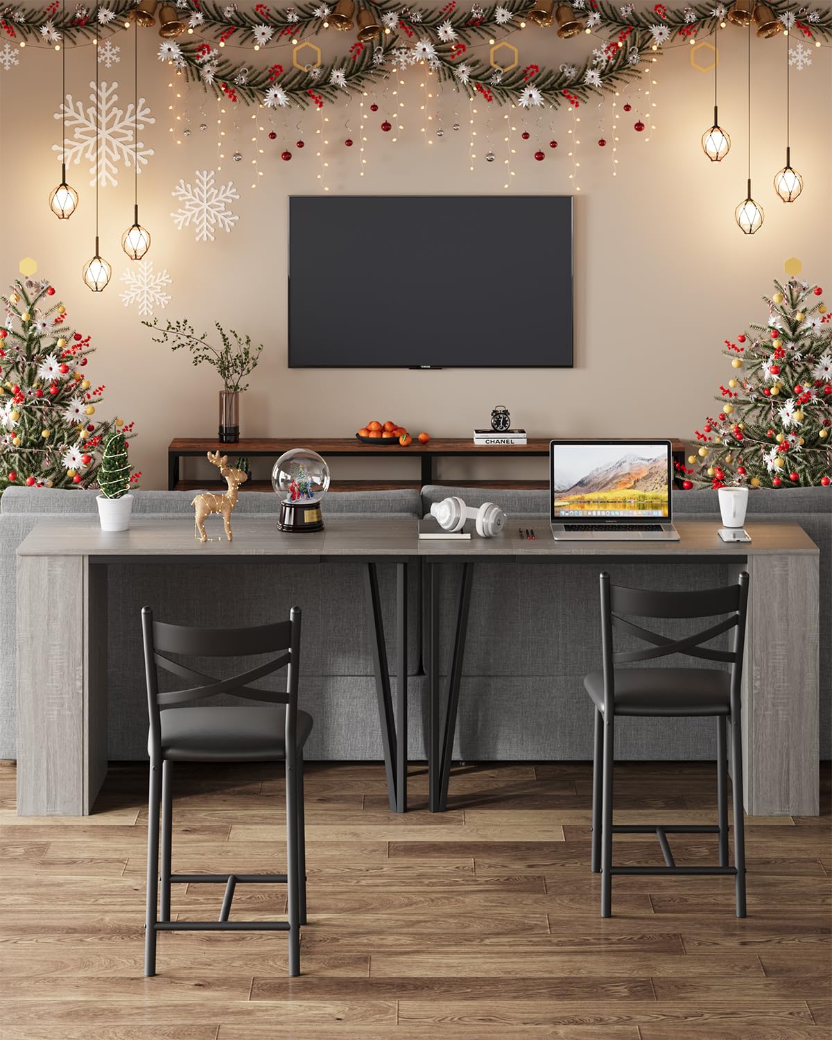 Ensemble table de bar extensible Garvee pour 2 à 4 personnes avec coussins de 40 cm de large, structure robuste en MDF, espace de rangement, gris, idéal pour les petits appartements