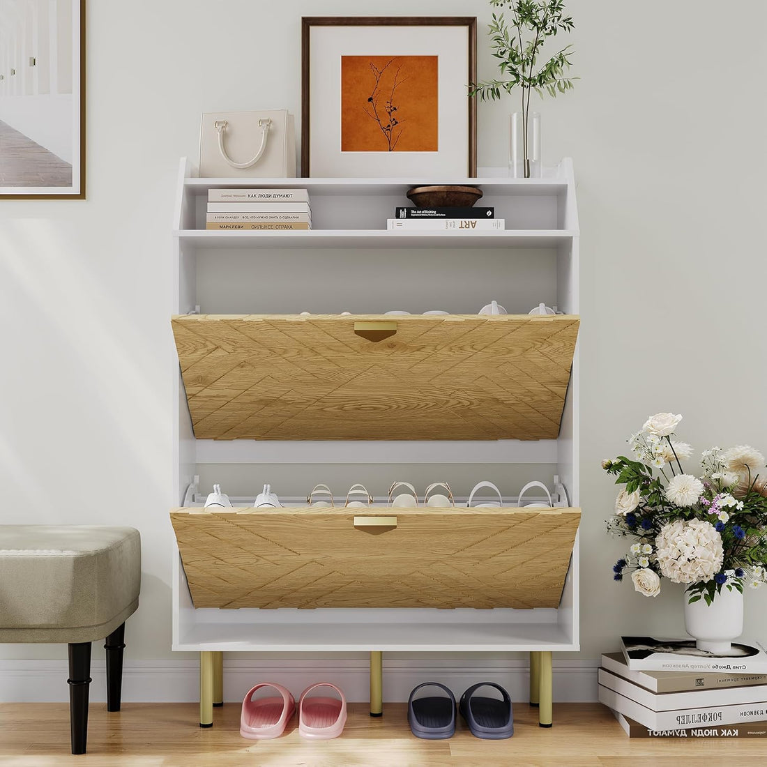 Garvee Meuble à chaussures étroit avec 2 abattants, rangement autoportant en bois blanc, robuste et gain de place pour entrée et couloir