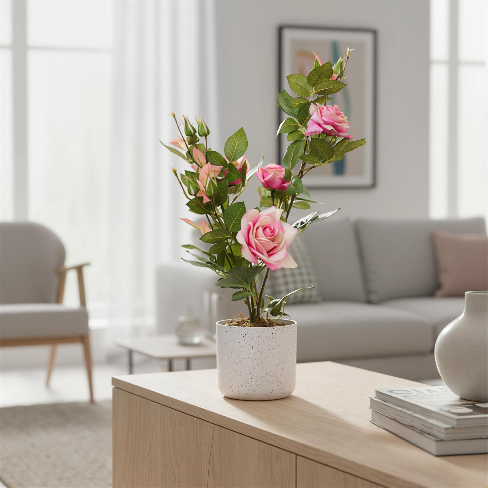 Rosier artificiel Garvee de 50 cm (lot de 2) avec fleurs roses, résistant aux intempéries, pot en plastique blanc pour intérieur et balcon.