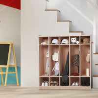 Armoire-penderie Garvee à 5 sections avec 10 compartiments, kit anti-basculement, 4 roulettes, 5 crochets, en contreplaqué, idéale pour les écoles et les crèches, dimensions : 137 x 33 x 122 cm, bois naturel.
