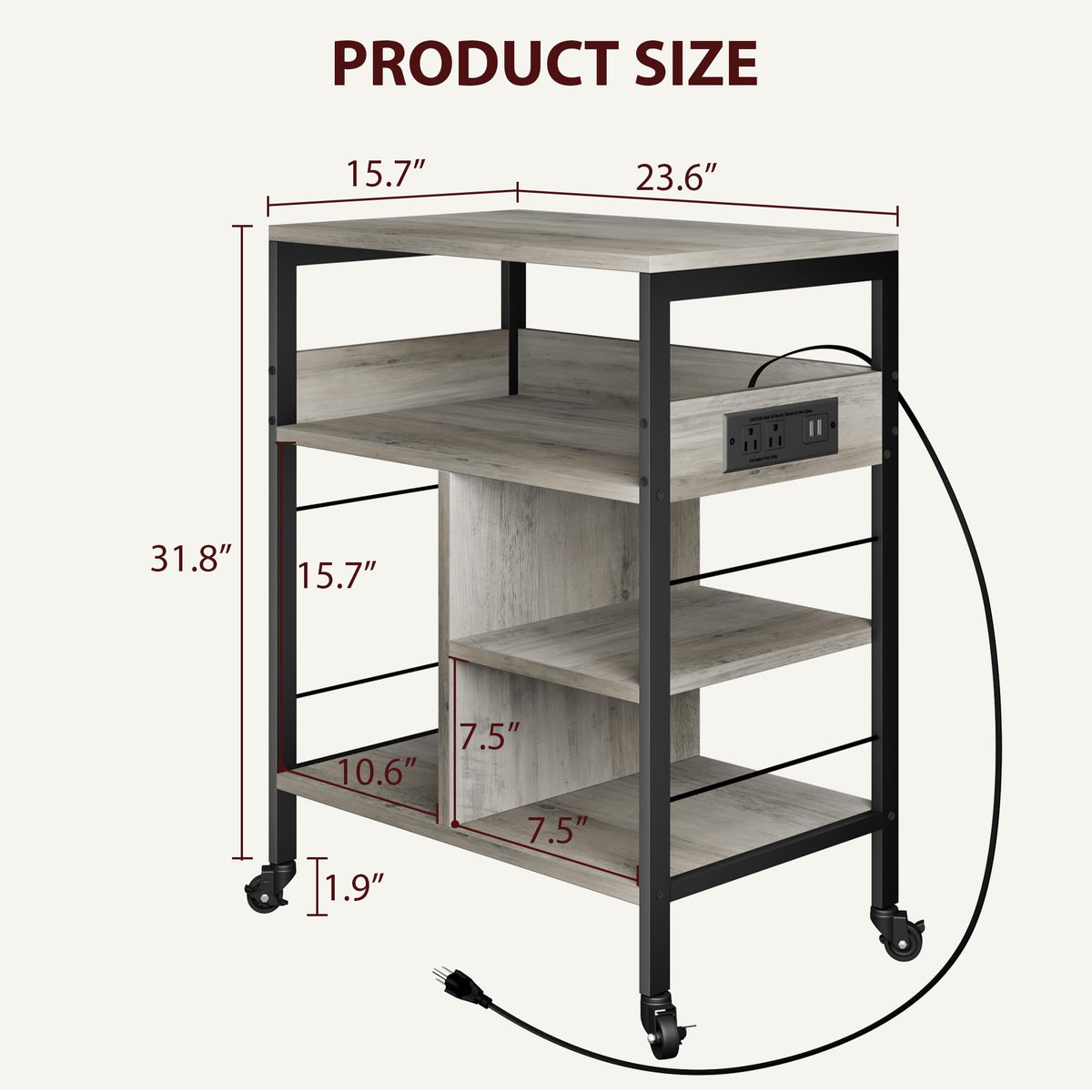 Support pour imprimante mobile Garvee grand format avec prises de courant et port USB, structure métallique à 4 niveaux, panneau MDF, roulettes avec freins, gris rustique, pour bureau et salon, 60 x 40 x 81 cm