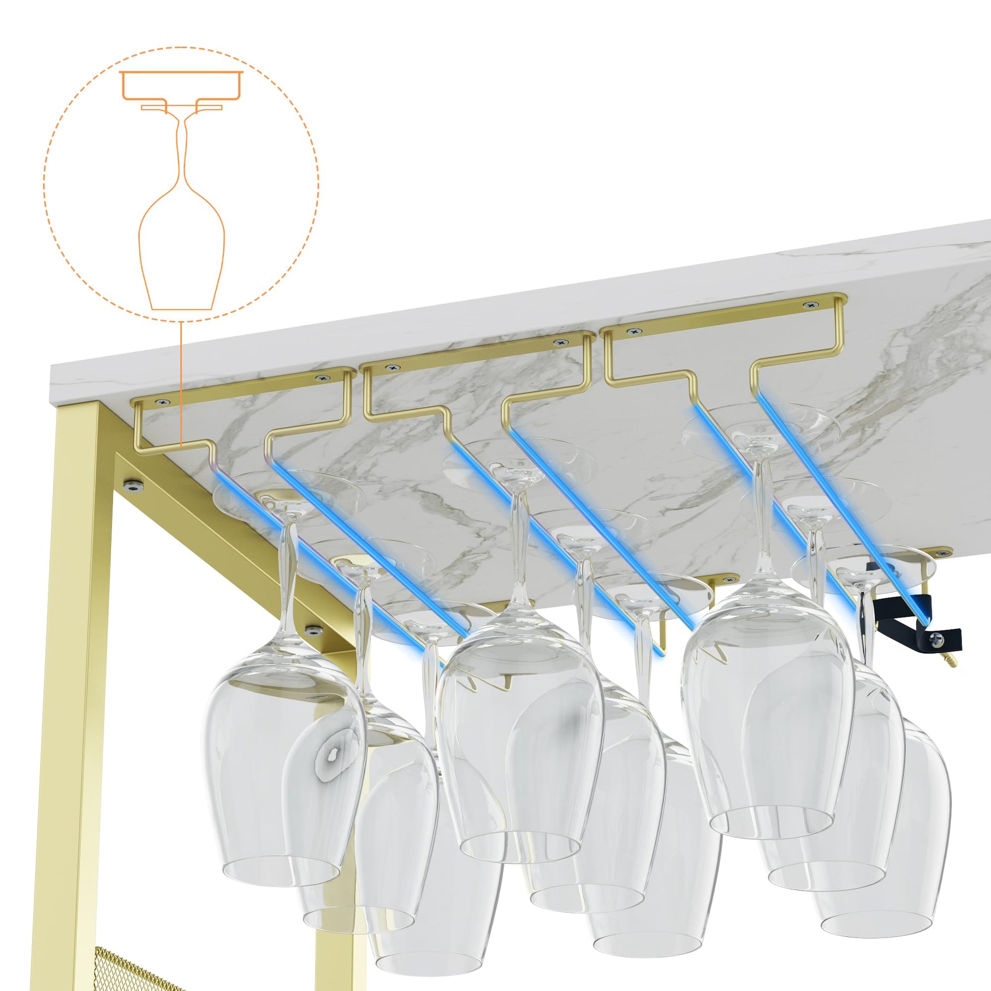 Garvee Meuble bar cave à vin 69 x 35 x 92 cm, casier à bouteilles amovible, porte-verres, structure MDF et fer doré, idéal pour salon, salle à manger et bar.