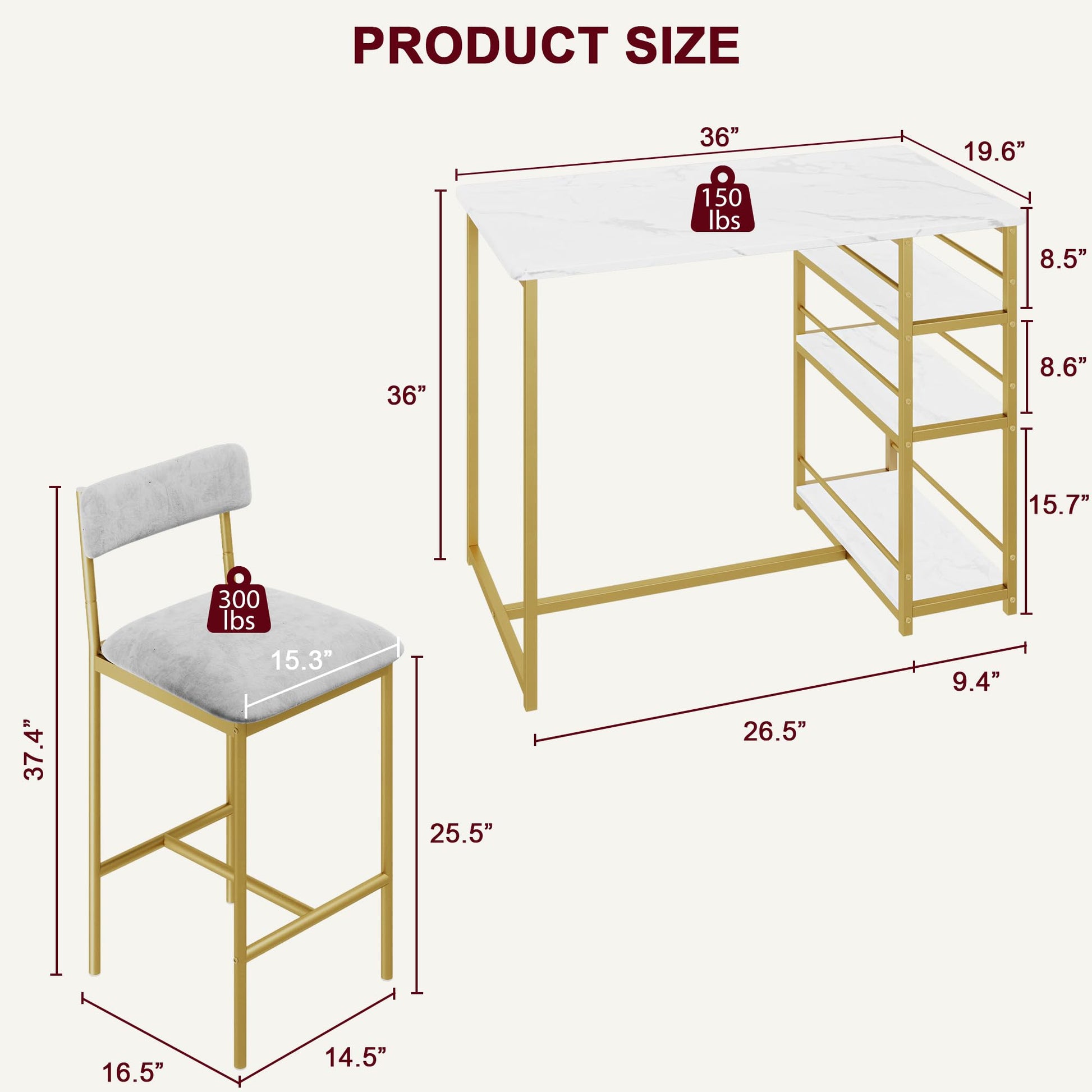 Garvee Table de bar + 2 tabourets hauts rembourrés, 3 étagères, métal/marbre doré, velours gris, 91,4x50x91,4 cm. Idéal pour appartement ou cuisine.