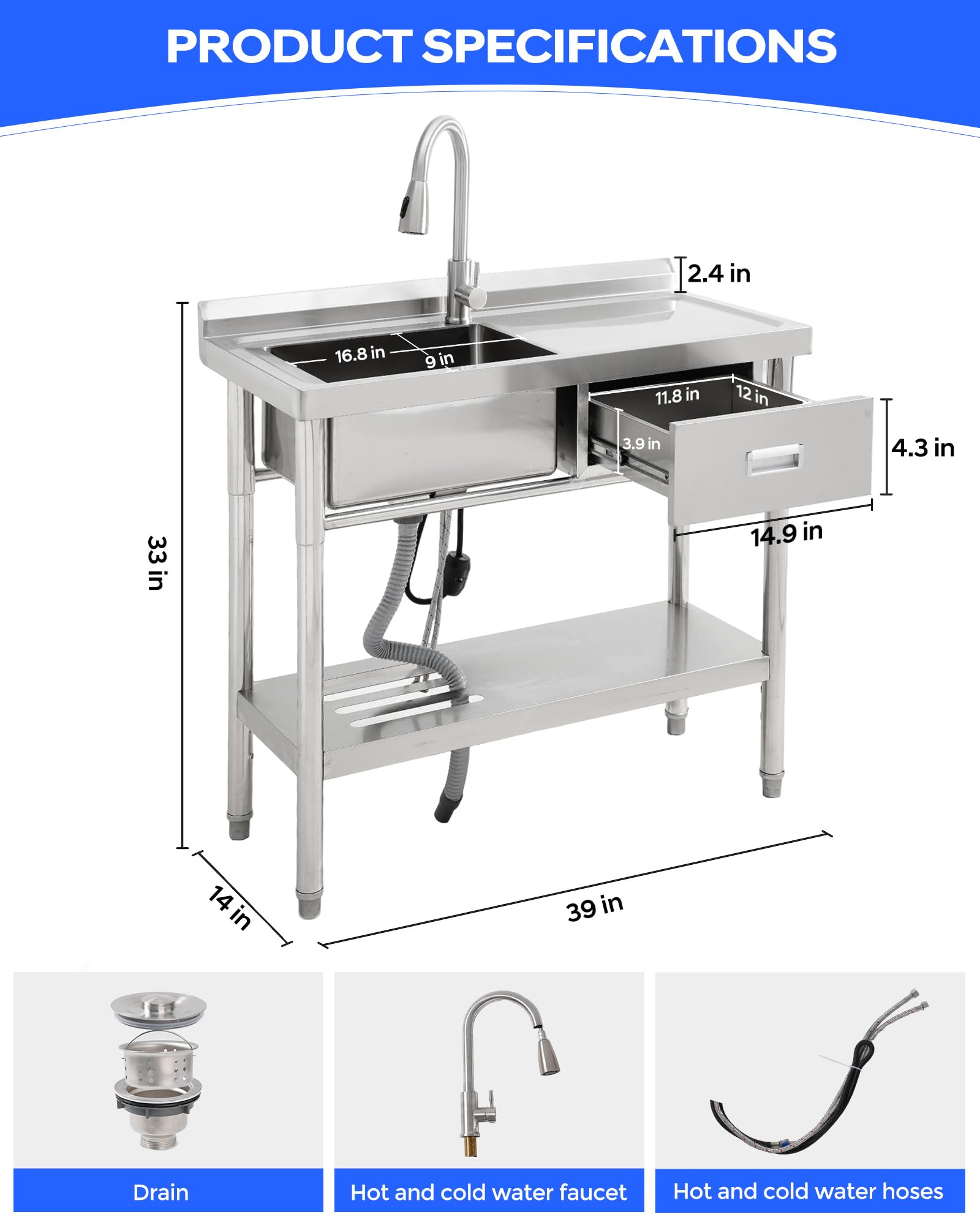 Garvee Évier utilitaire sur pieds 99 cm en acier inoxydable avec tiroirs, cuve simple, étagère inférieure, eau chaude/froide, argenté