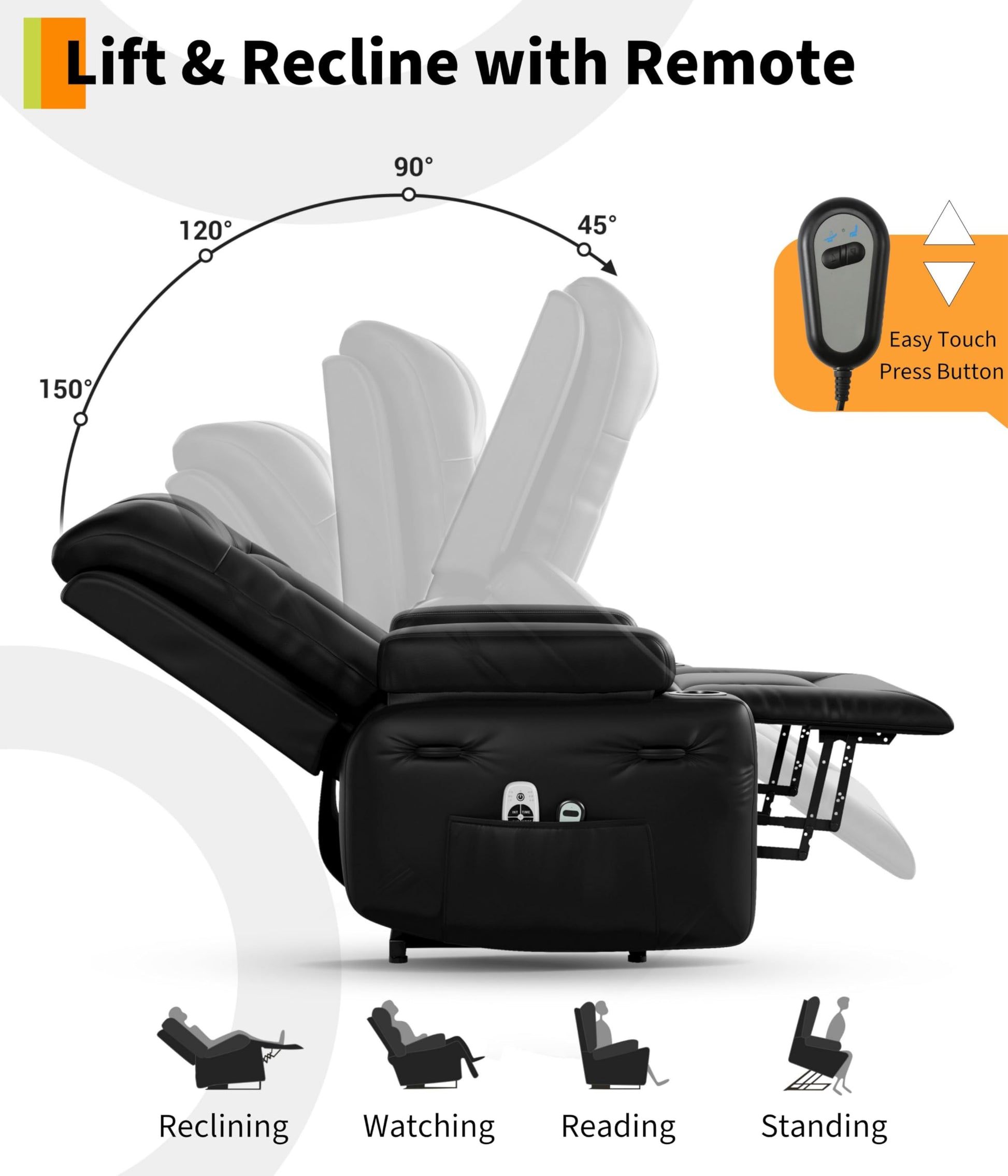 Fauteuil releveur électrique Garvee avec fonction chauffante et massante, revêtement en similicuir, pour seniors, salon, 98 x 95 x 103 cm, noir