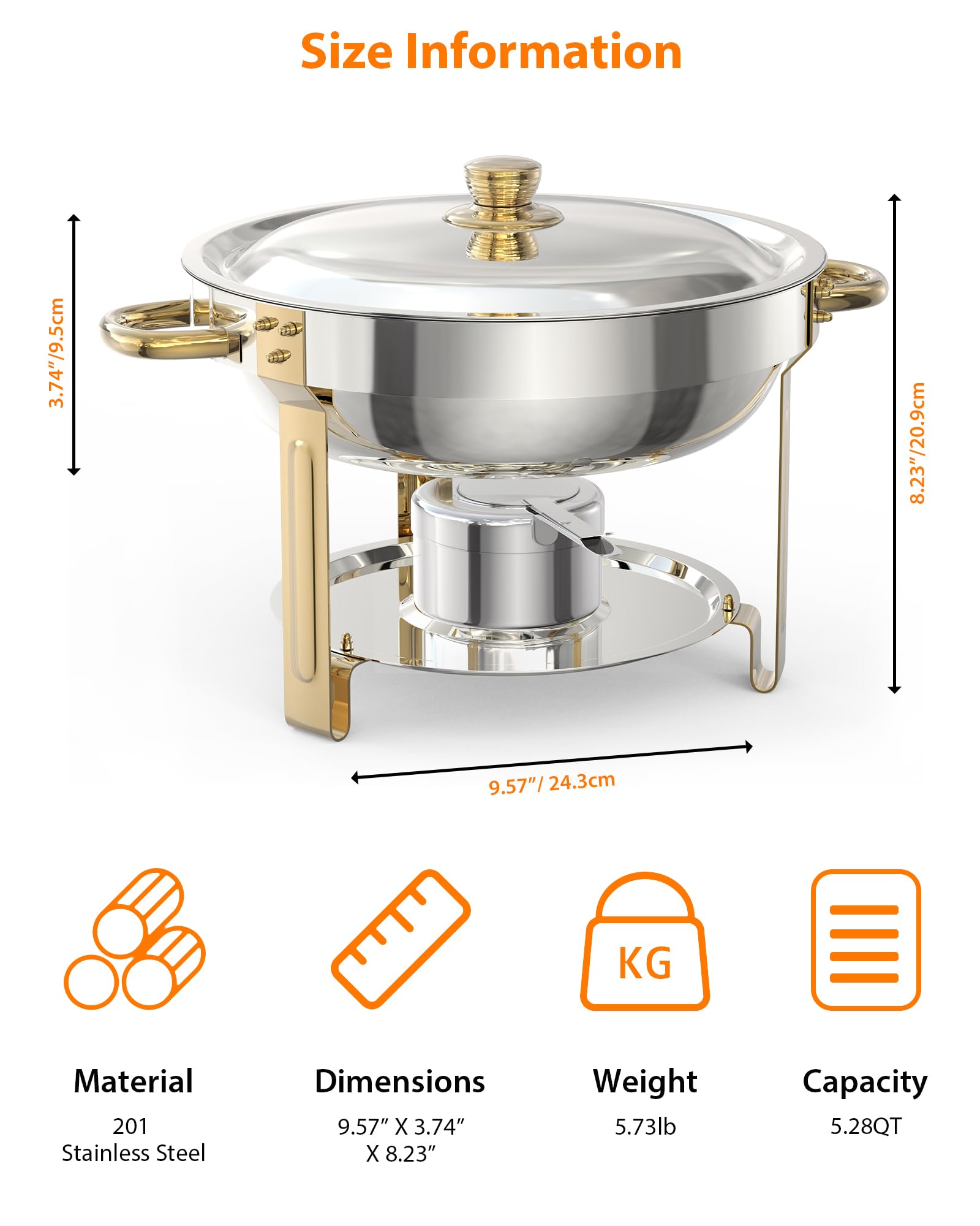 Ensemble de 4 plateaux chauffants Garvee pour buffet, 5 L, en acier inoxydable, avec supports de couvercle, idéal pour les fêtes, mariages et événements, couleur or.