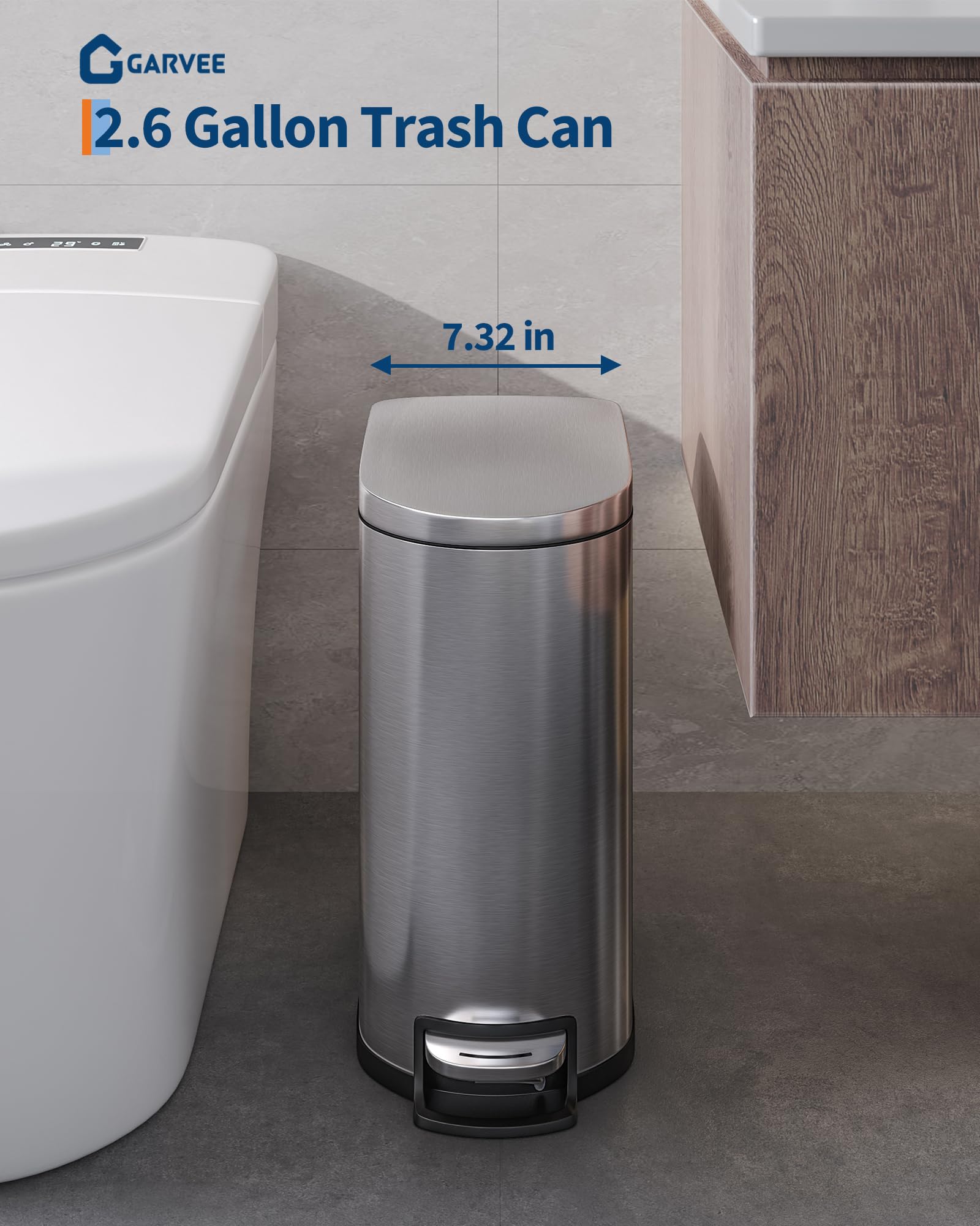 Poubelle Garvee 10 L en acier inoxydable avec couvercle à fermeture douce et bac intérieur pour salle de bain et chambre, compacte, étanche, avec poignée, argentée