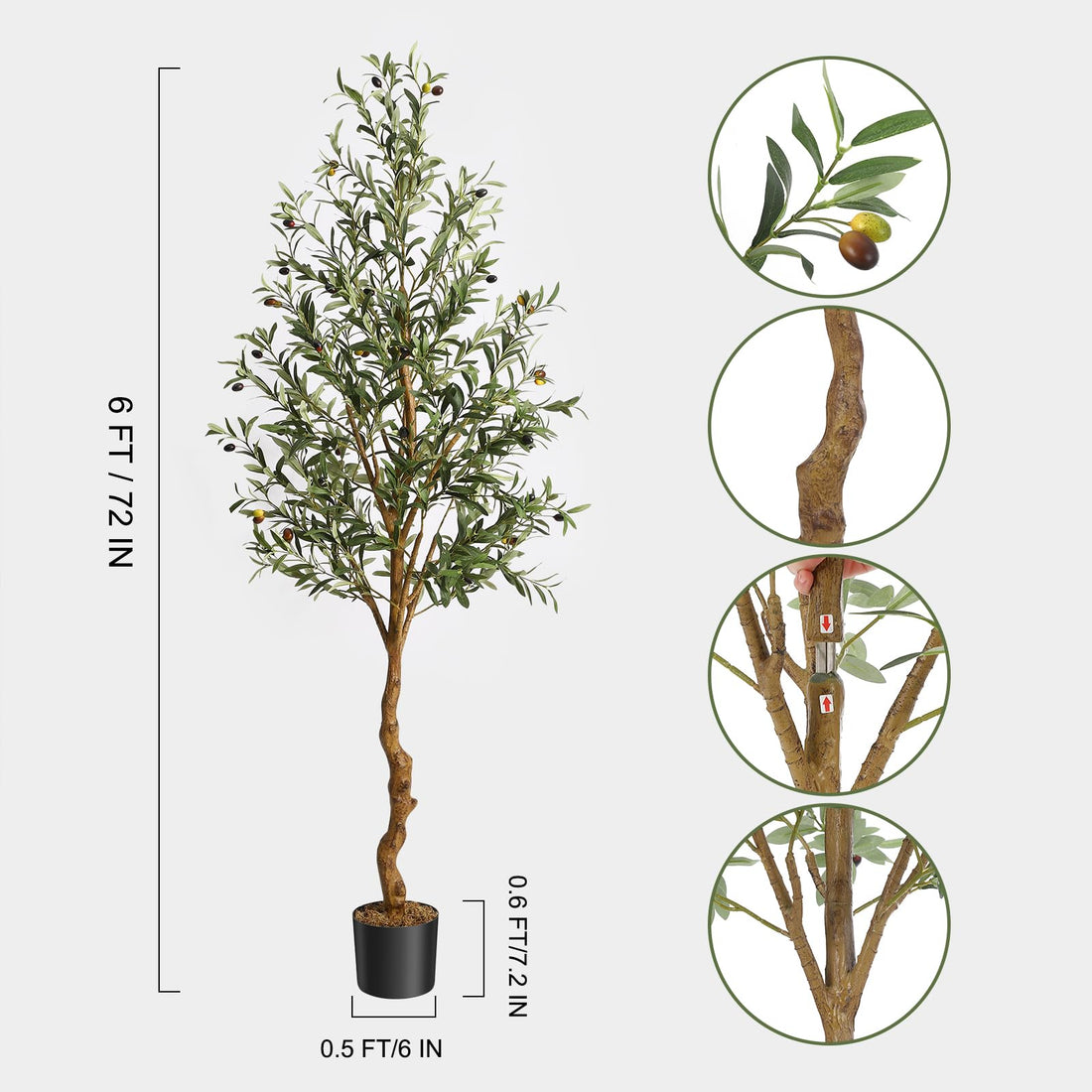 Garvee Olivier artificiel 183cm en soie synthétique, tronc en bois naturel et PE, fruits réalistes, montage facile, déco maison réaliste