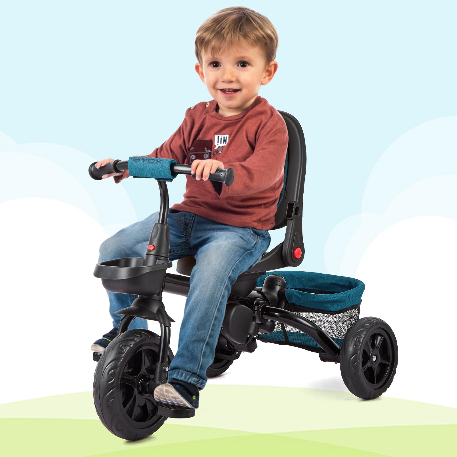 Tricycle enfant Garvee 6 en 1 avec barre de poussée, pliable et pare-soleil, pour enfants de 9 mois à 5 ans, vert