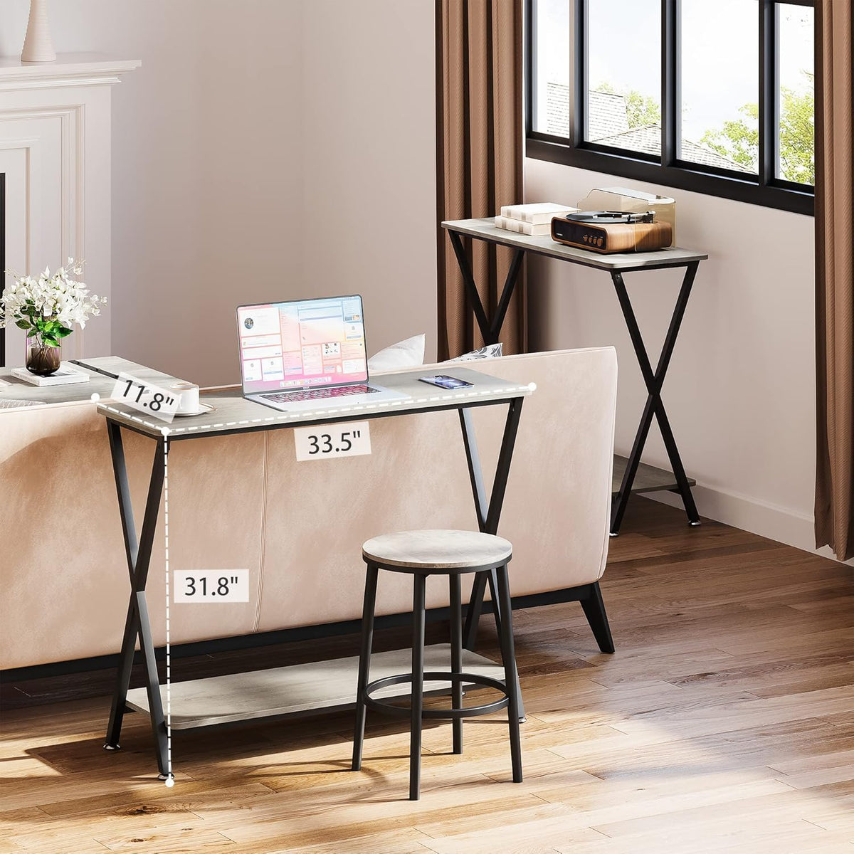 Console étroite Garvee, 2 niveaux, style industriel, bois MDF et métal, pour salon et entrée, 85 cm (L) x 30 cm (l) x 81 cm (H), noire
