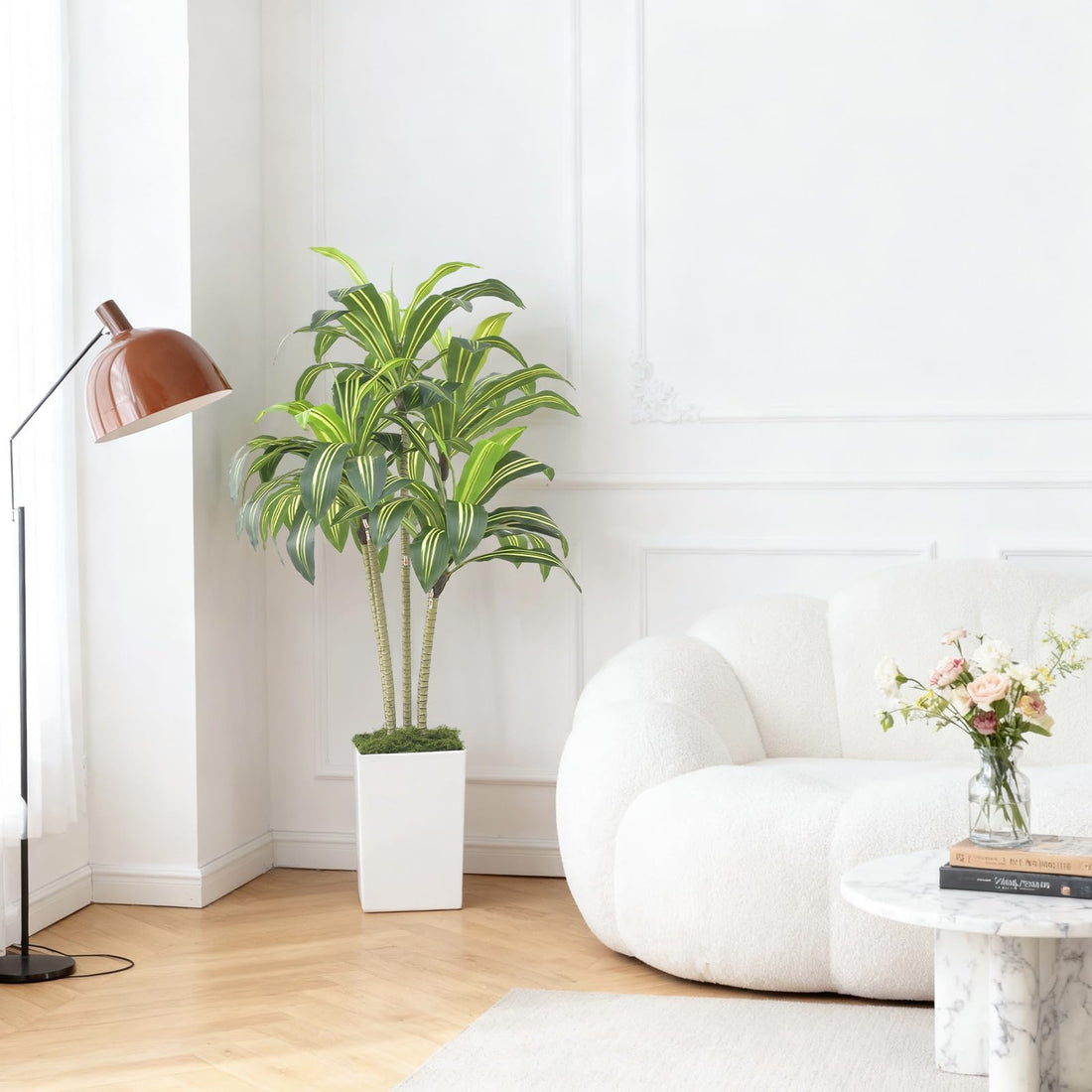 Arbre dragon artificiel Garvee de 120 cm avec pot de fleurs blanc pour salon, balcon ou bureau, plante tropicale en plastique réaliste