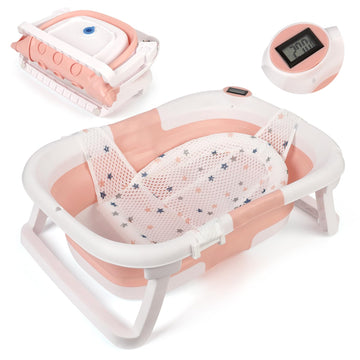 Baignoire bébé GARVEE, pliable et peu encombrante, avec thermomètre et tapis antidérapant pour nouveau-nés et jeunes enfants, rose