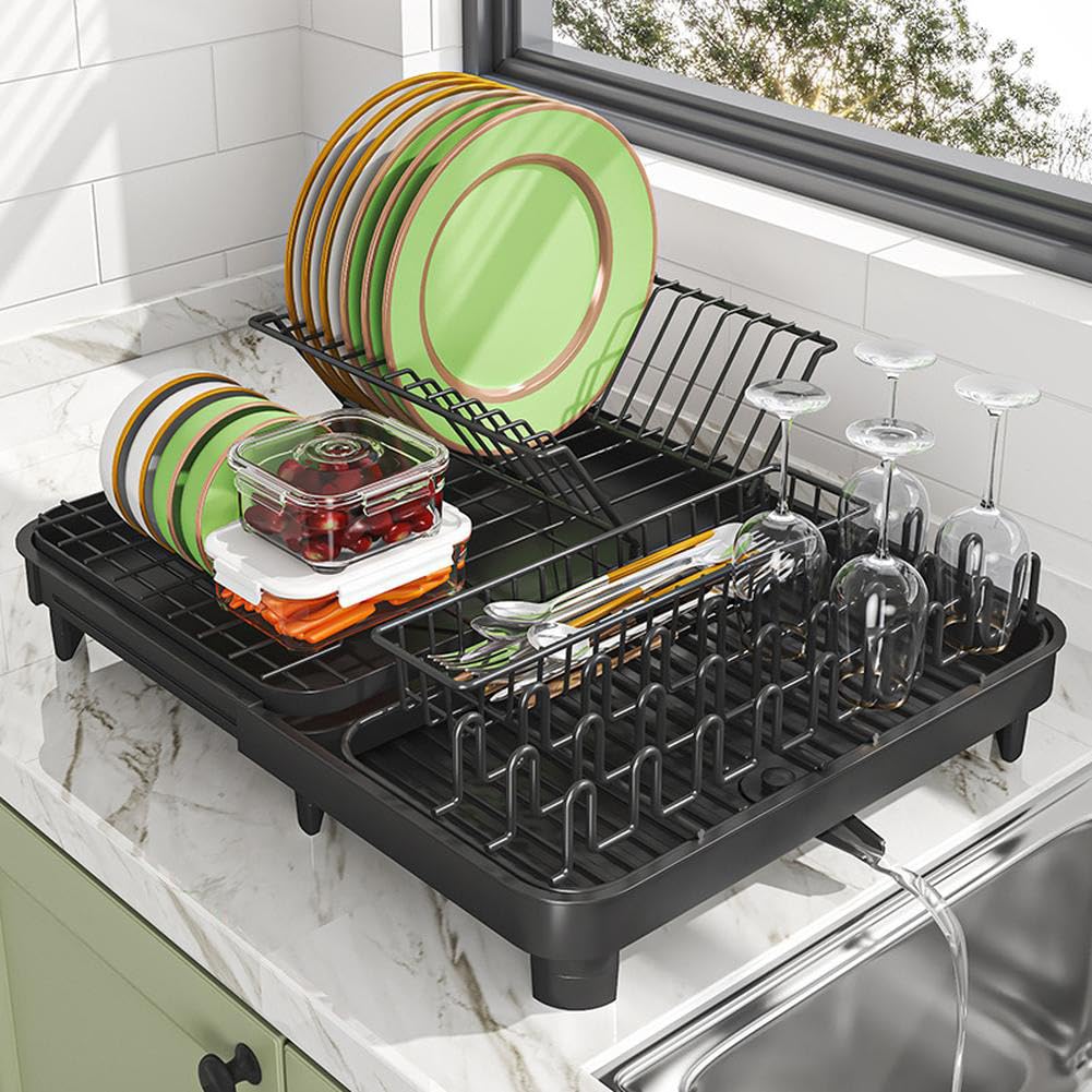 Égouttoir à vaisselle Garvee en acier inoxydable au carbone avec bac d'égouttage et porte-couverts pour petites cuisines, noir, extensible de 32 à 52 cm