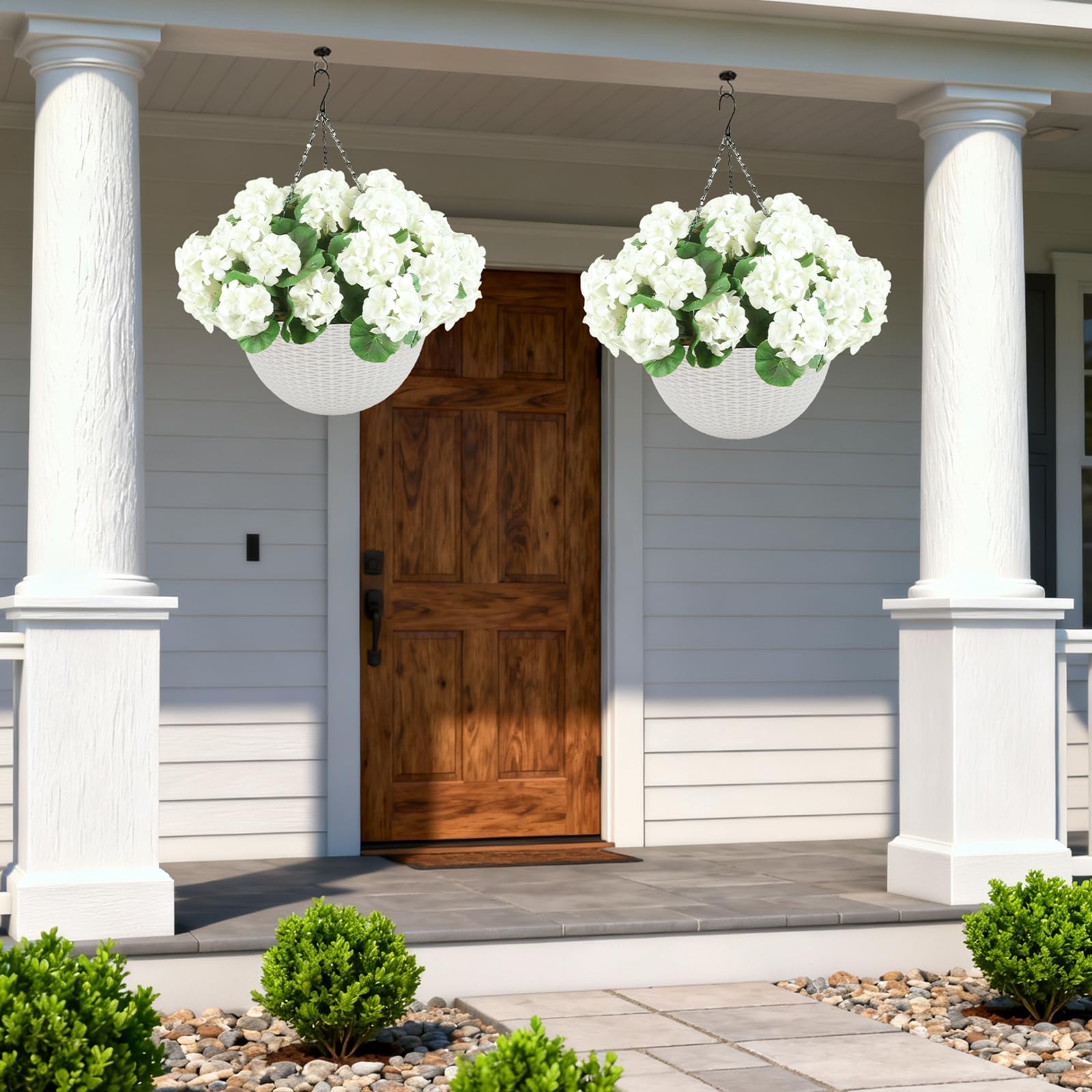 Ensemble de géraniums artificiels Garvee, résistant aux intempéries, 2 paniers, blanc, pour la décoration du jardin et de la terrasse