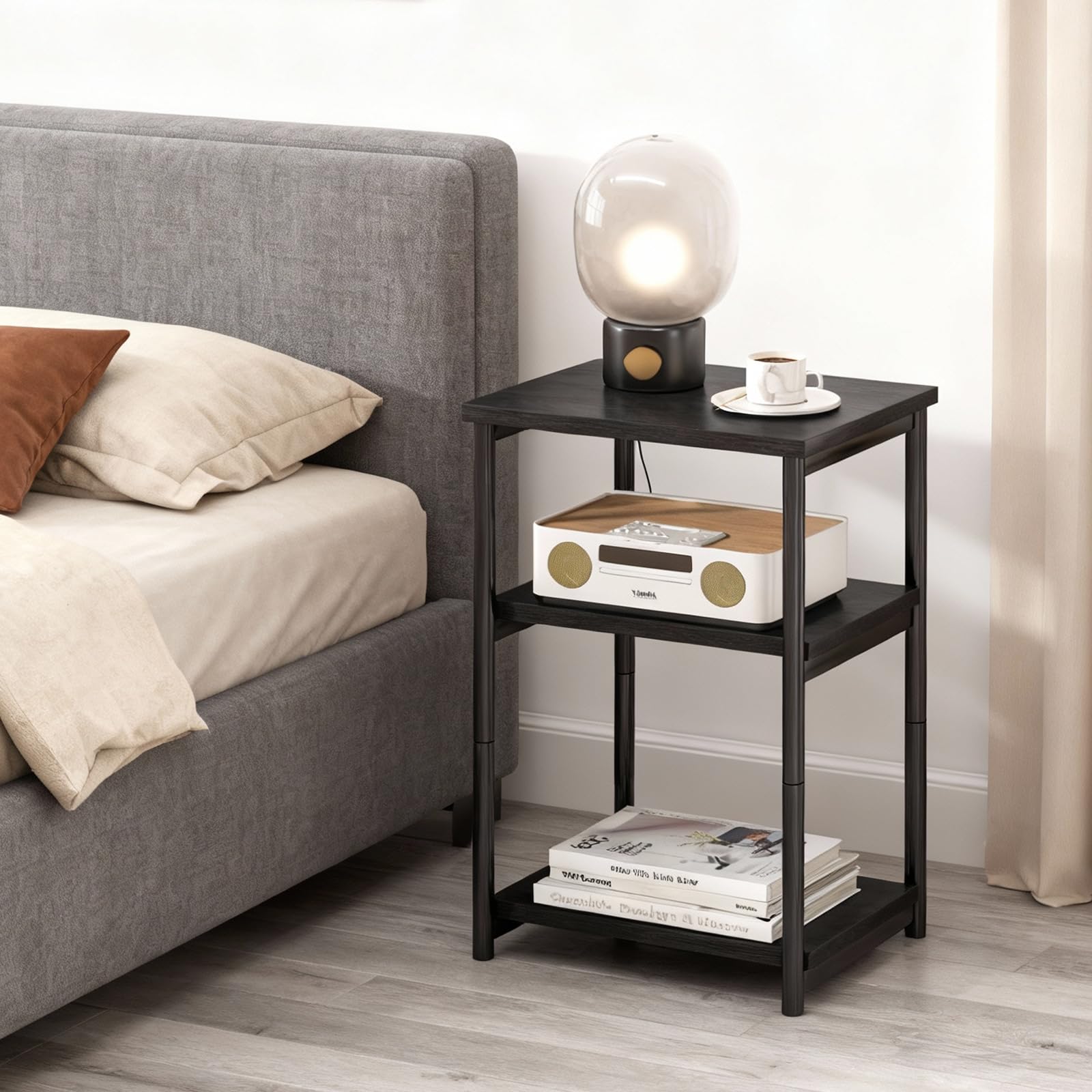 Table d'appoint Garvee à 3 niveaux avec structure en métal pour salon et chambre, design rustique, structure robuste en acier, noire