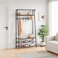 Porte-manteau et banc à chaussures Garvee 4 en 1 – Structure en métal aspect bois, 5 crochets et banc pour entrée et couloir