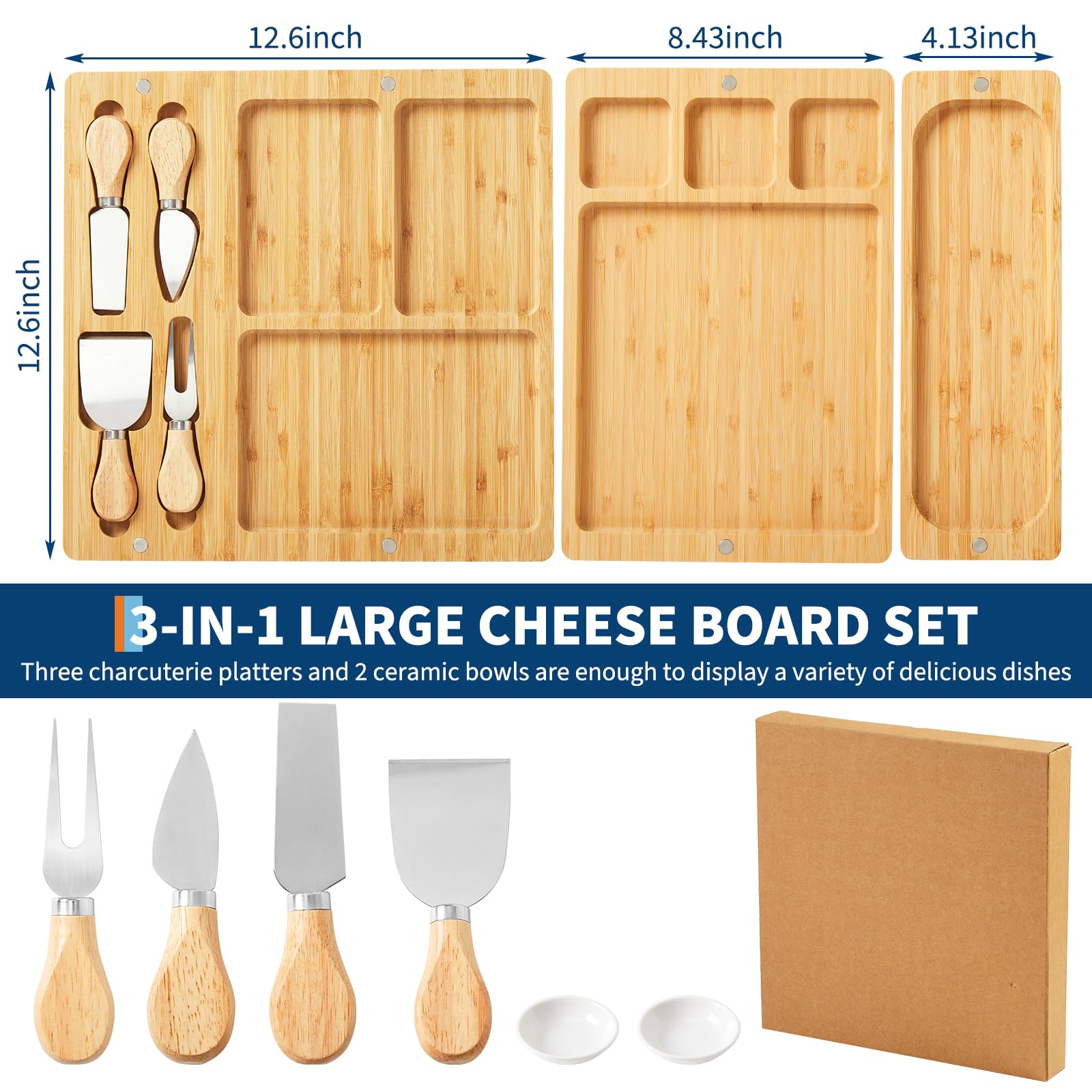 Planche à charcuterie 3 en 1 Garvee en bambou avec couteau, grande taille (64 x 32 cm), magnétique, lisse et résistante, idéale pour les fêtes et les cadeaux.