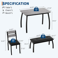 Ensemble de salle à manger Garvee pour 4 personnes, table robuste en bois avec pieds en métal, banc rembourré et 2 chaises, design moderne, gain de place, gris