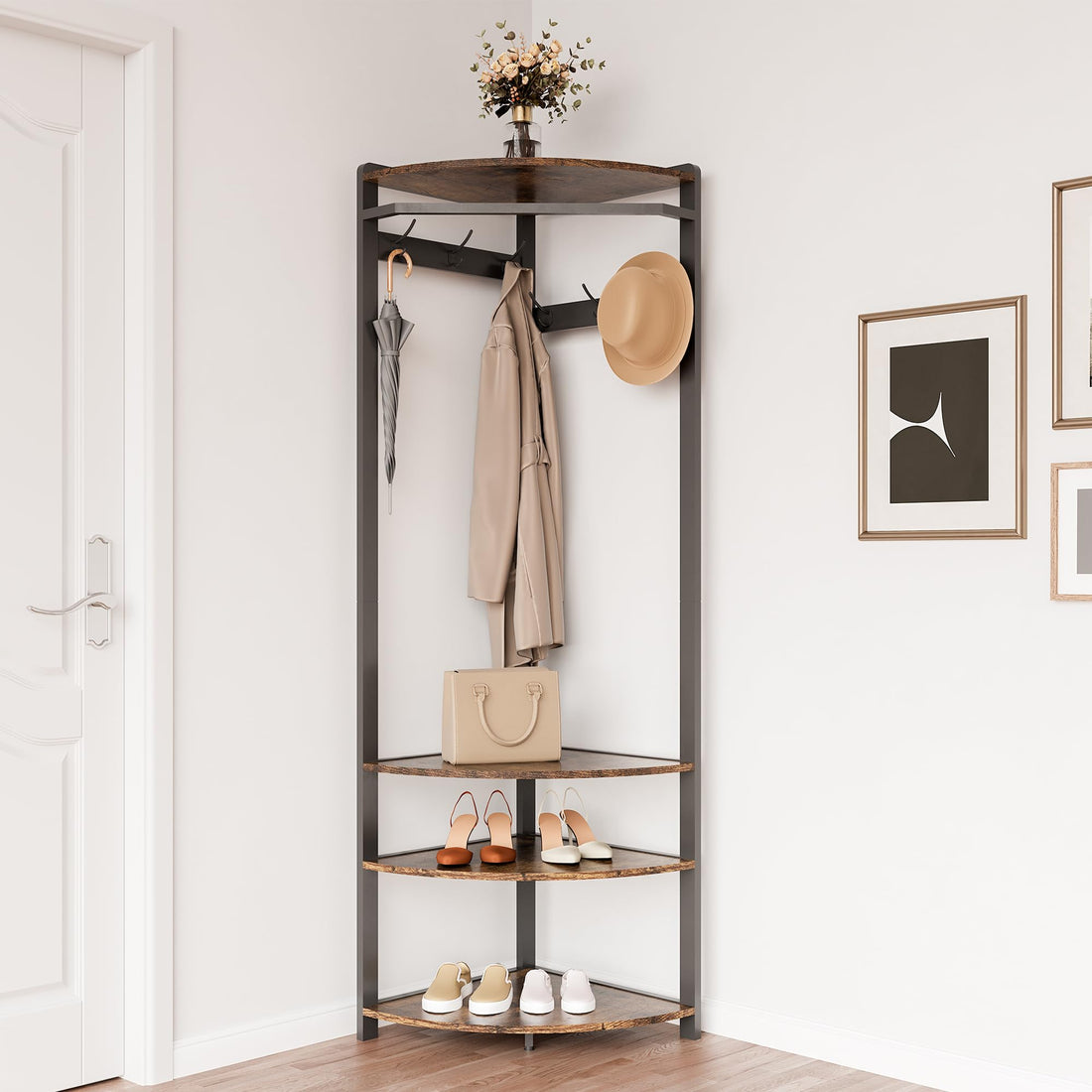 Garvee Armoire d'angle avec banc à chaussures, 6 crochets doubles, en bois, structure robuste anti-basculement, idéale pour l'entrée et le couloir, gain de place, 180 cm, vintage