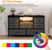 Garvee commode à 8 tiroirs, structure en métal, éclairage LED, 3 prises électriques, 2 ports USB, idéale pour la chambre et le salon, 121 × 37 × 76 cm, gris