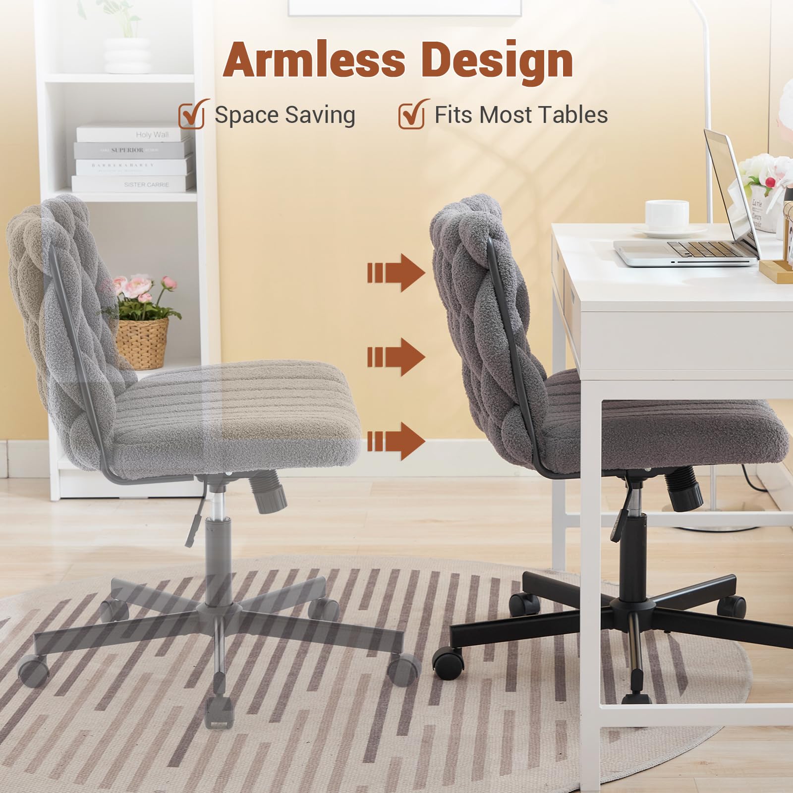 Garvee chaise de bureau criss cross à roulettes, assise large, pivotante à 360°, structure en métal, sans accoudoirs, design moderne pour bureau à domicile et coiffeuse, 66 cm, noire