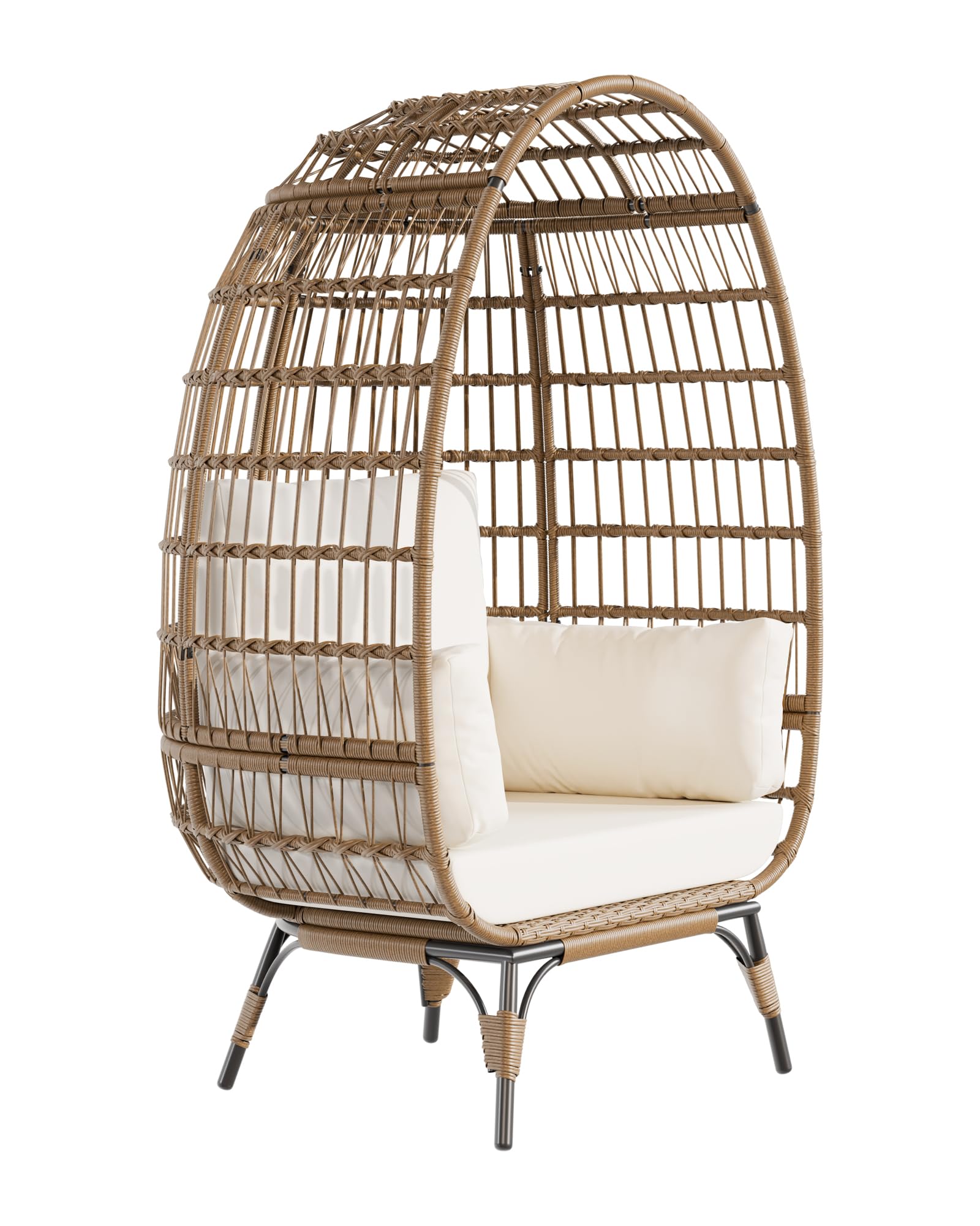 Fauteuil œuf surdimensionné Garvee en résine tressée avec structure en acier, ergonomique, résistant aux intempéries, pour terrasse/salon, compact, élégant, en rotin résistant aux UV, 4 coussins