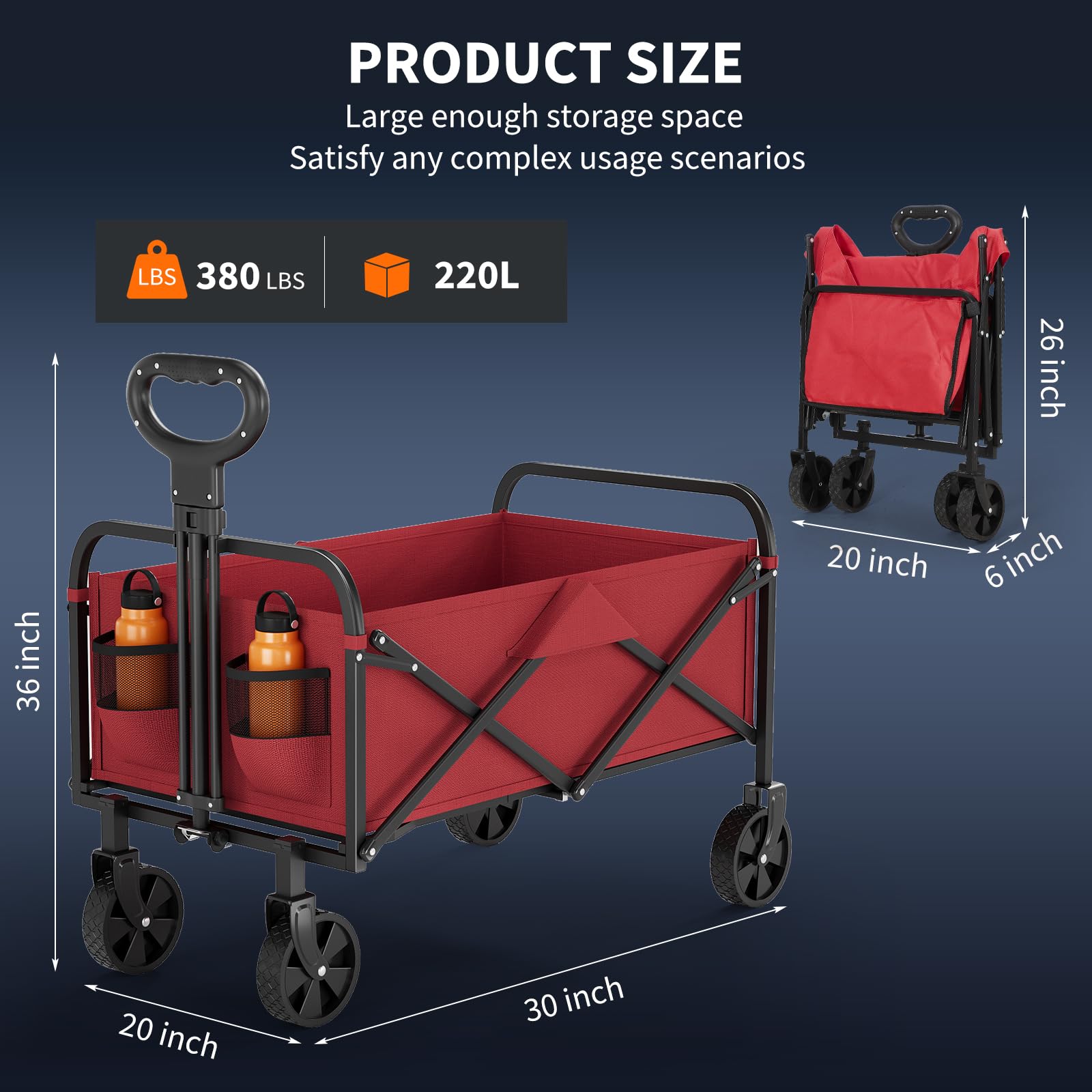 Garvee Chariot Pliable xL 172 kg, Acier et Oxford 600D, Roues de 13 cm, pour Marché, Courses et Activités extérieur, Rouge