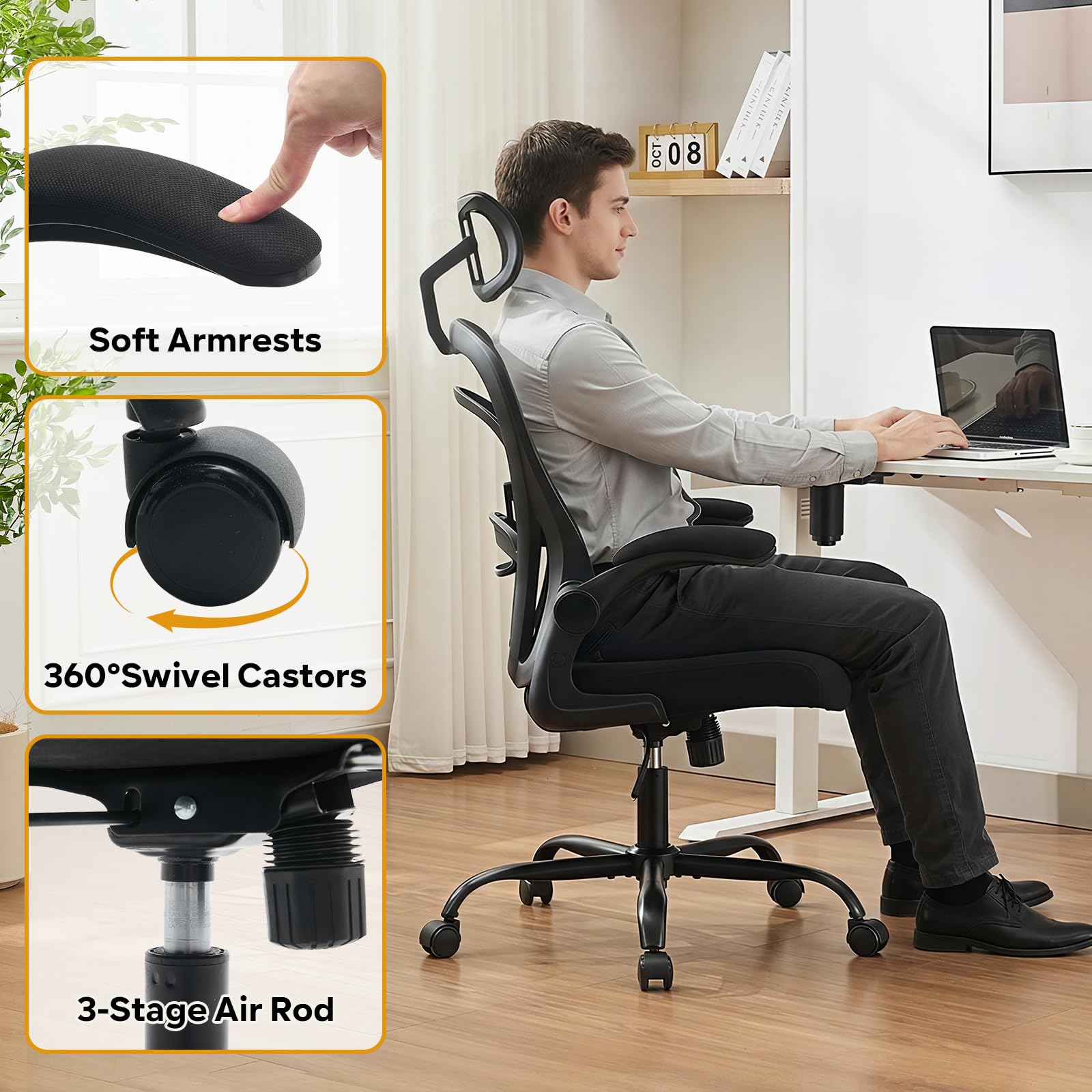 Chaise de bureau ergonomique Garvee avec accoudoirs relevables, idéale pour le bureau et le gaming, réglable en hauteur, structure en métal, assise large, noire.