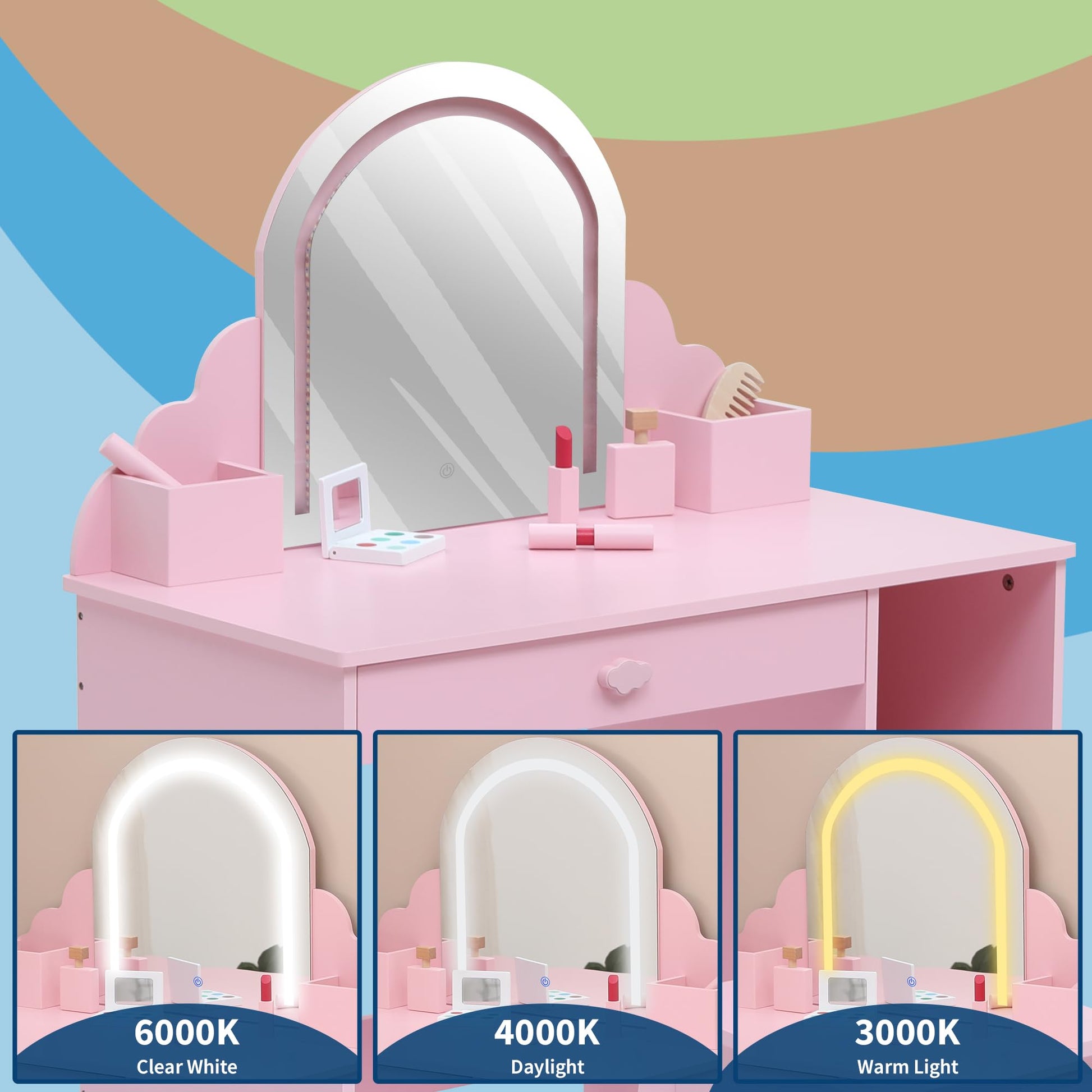 Garvee Coiffeuse Enfant Rose avec Miroir Lumineux et Tabouret, Grand Rangement, LED Réglable, MDF Sûr, pour Filles 3-9 Ans