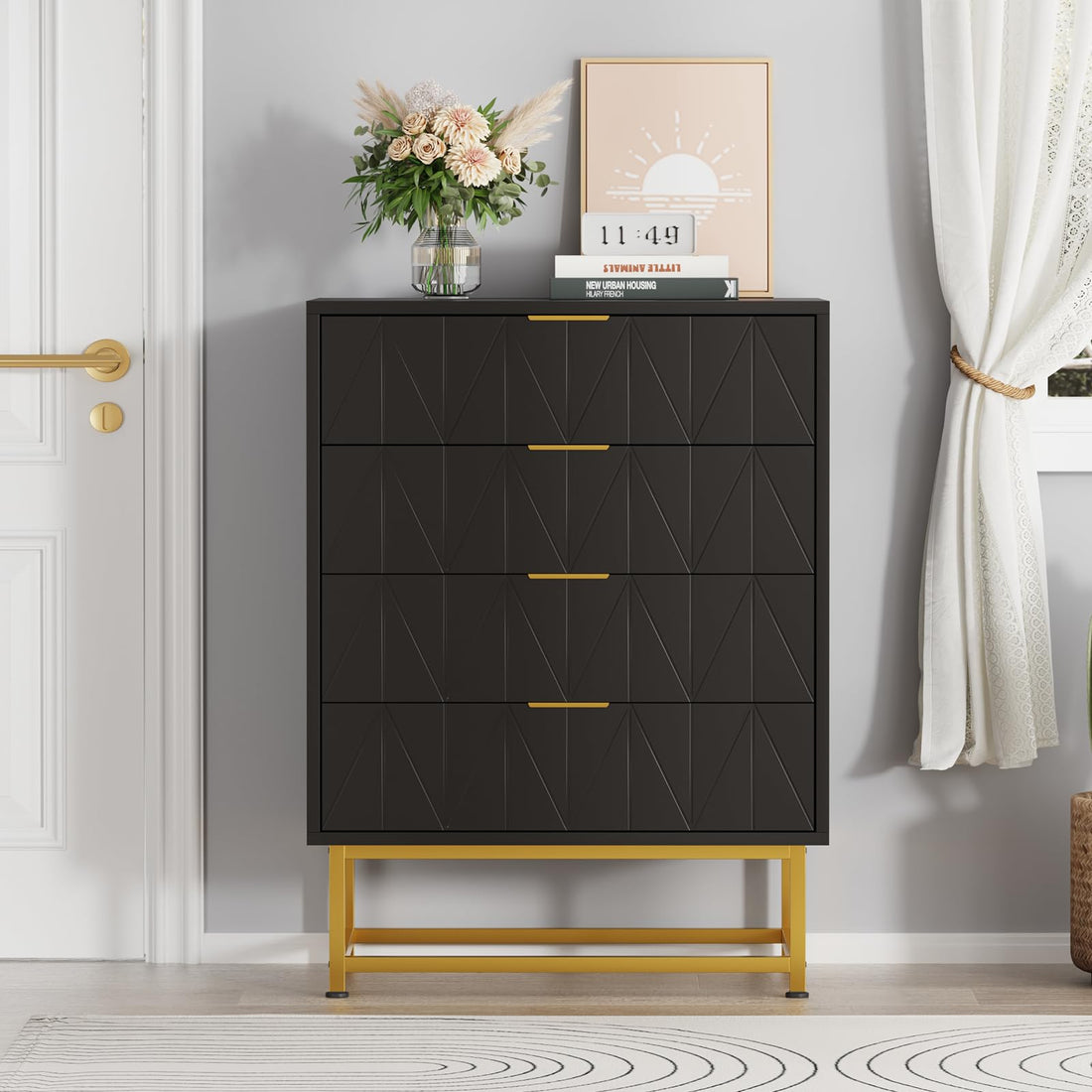 Commode Garvee à 4 tiroirs avec pieds en métal pour salon et chambre, 81 cm (32 pouces), style moderne, tiroirs en tissu, robuste