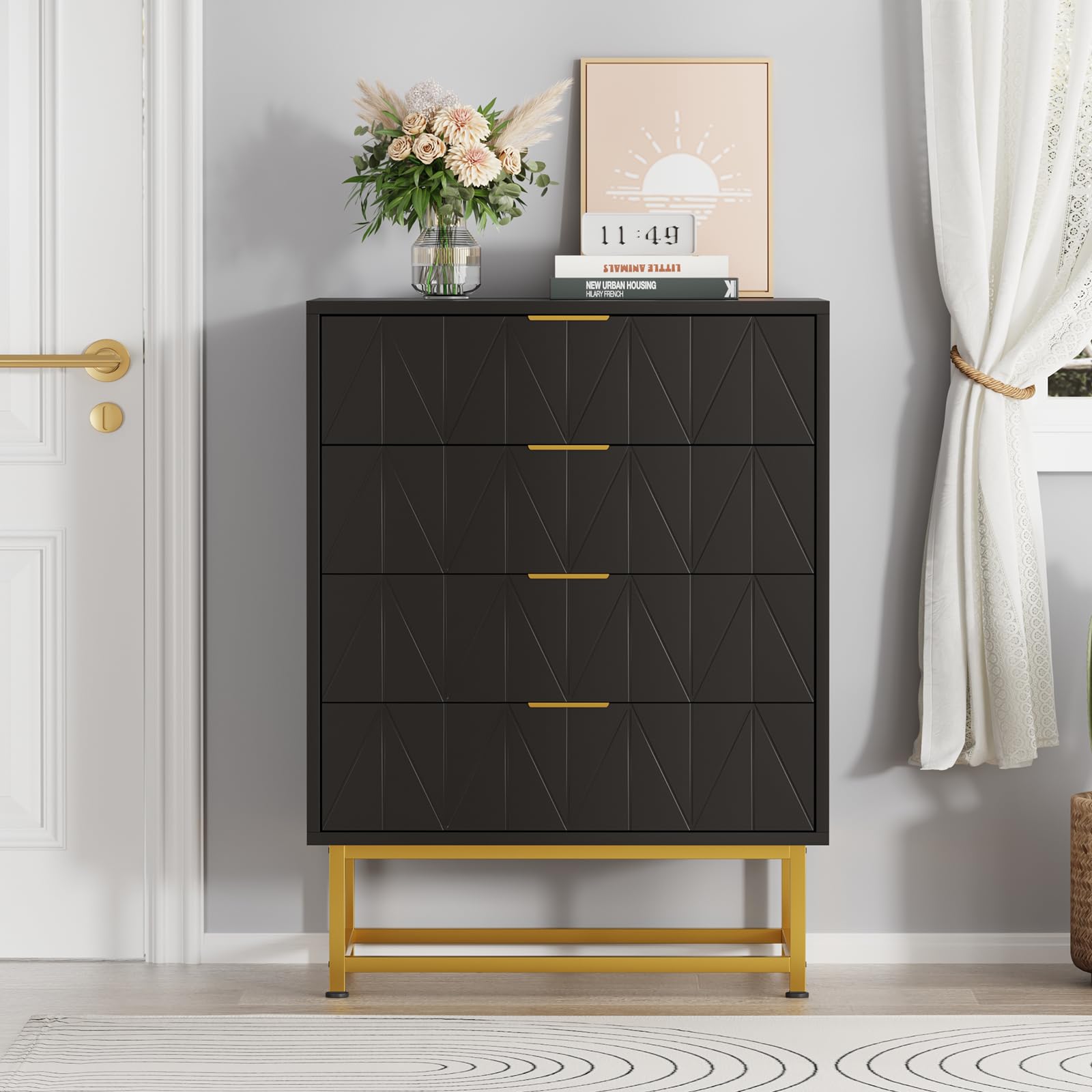 Garvee commode à 4 tiroirs avec pieds en métal pour le salon et la chambre, 81 cm, tiroirs en tissu