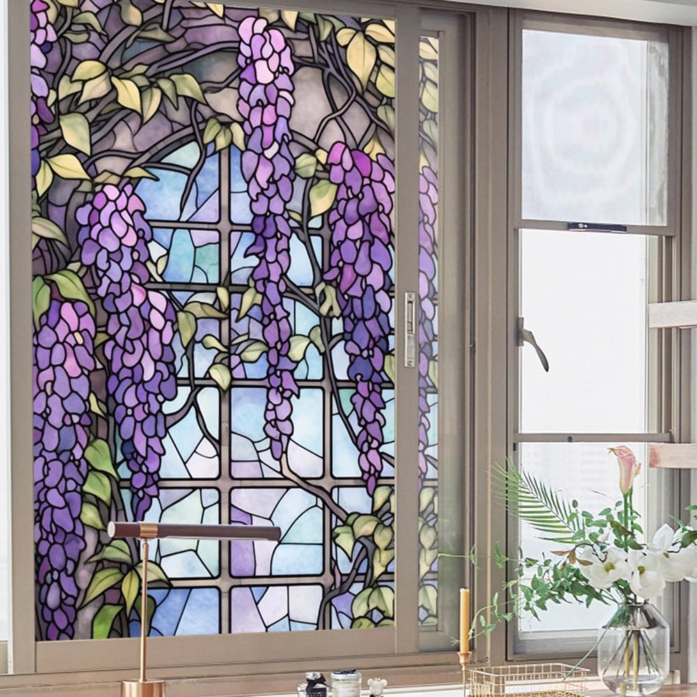 Film adhésif pour vitres Garvee effet vitrail à motif floral violet, 60 x 100 cm.